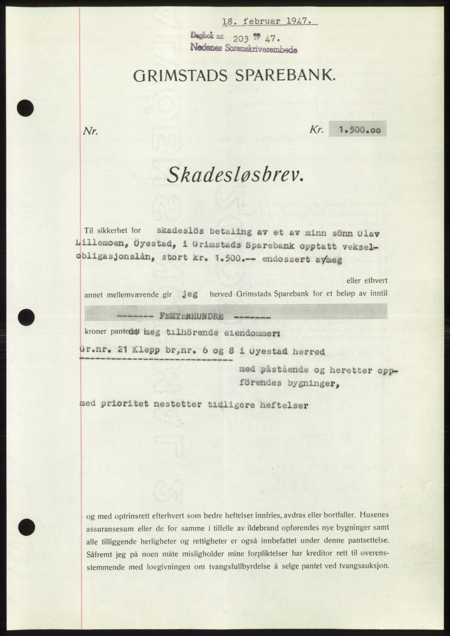 Nedenes sorenskriveri, SAK/1221-0006/G/Gb/Gbb/L0004: Pantebok nr. B4, 1947-1947, Dagboknr: 203/1947