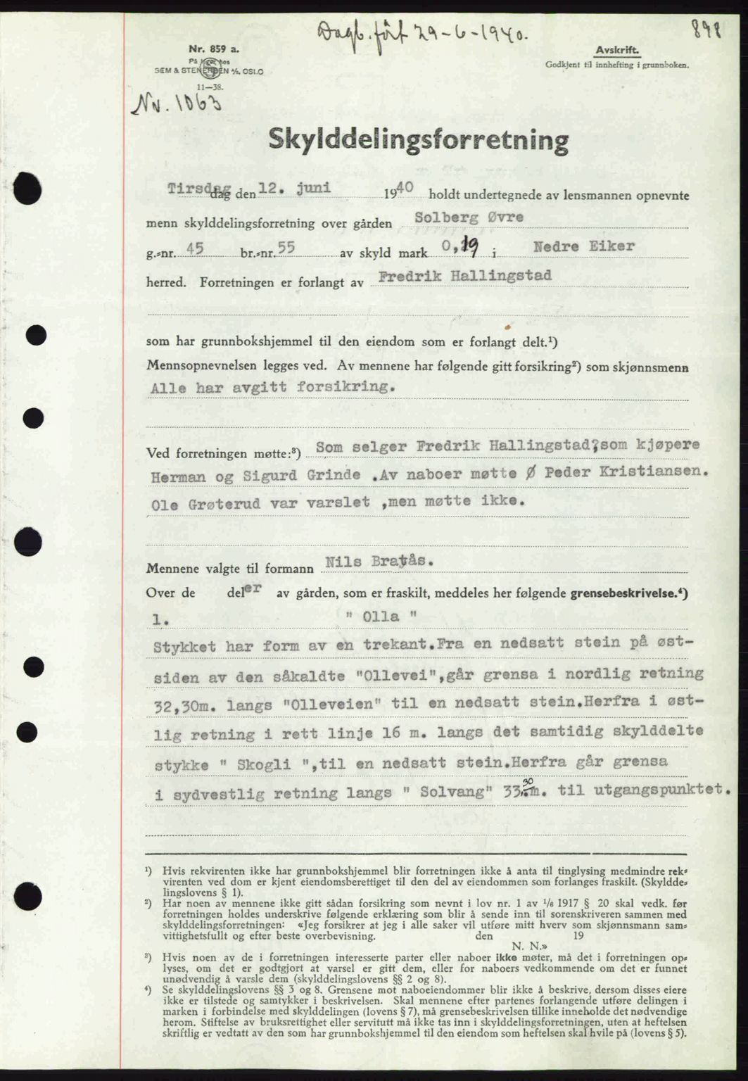 Eiker, Modum og Sigdal sorenskriveri, SAKO/A-123/G/Ga/Gab/L0041: Pantebok nr. A11, 1939-1940, Dagboknr: 1063/1940