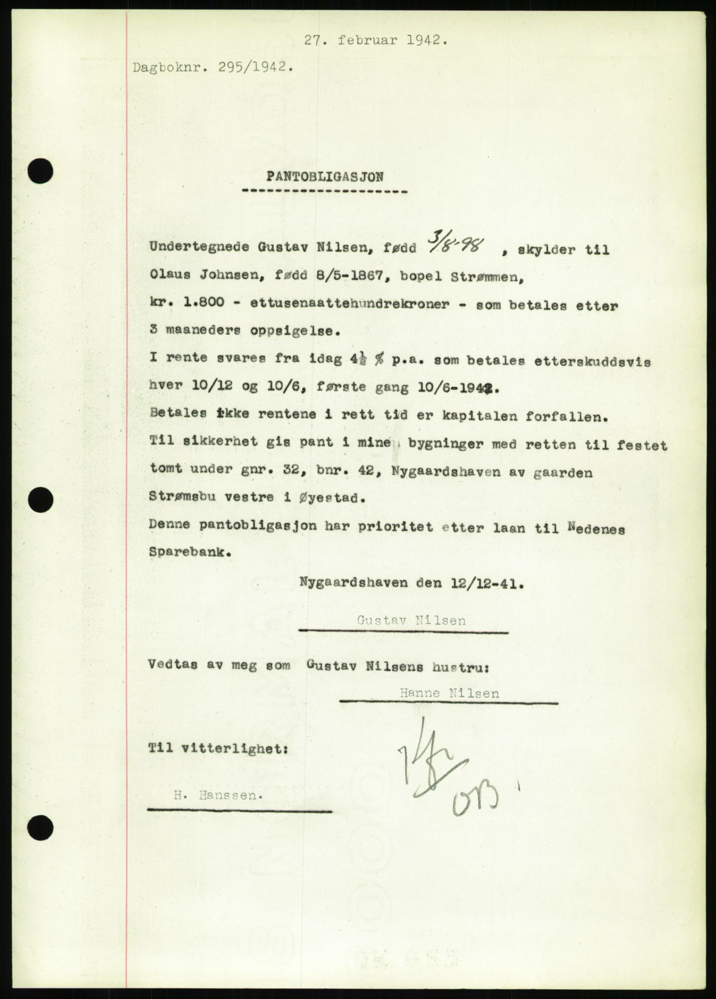 Nedenes sorenskriveri, SAK/1221-0006/G/Gb/Gbb/L0001: Pantebok nr. I, 1939-1942, Dagboknr: 295/1942
