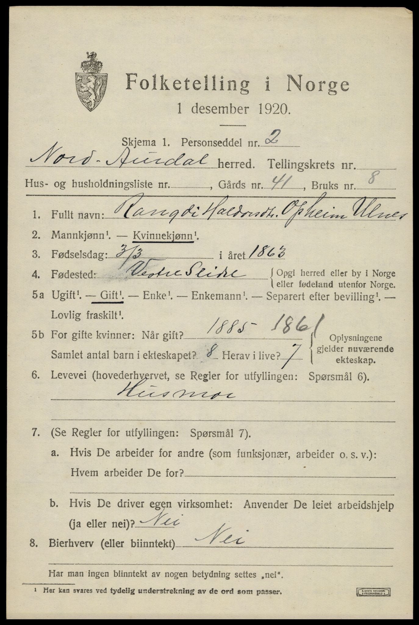 SAH, Folketelling 1920 for 0542 Nord-Aurdal herred, 1920, s. 6338