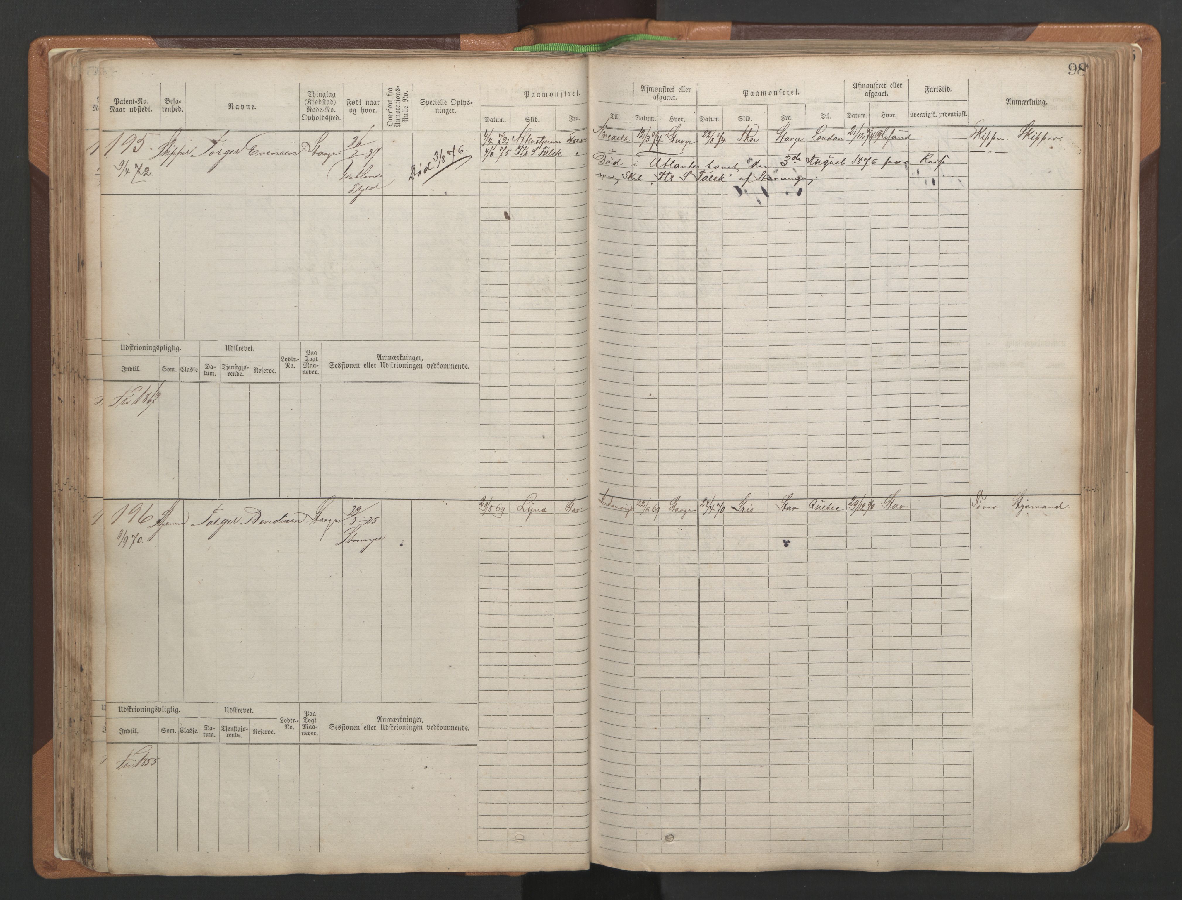 Stavanger sjømannskontor, AV/SAST-A-102006/F/Fb/Fbb/L0004: Sjøfartshovedrulle, patentnr. 1-792 (del 1), 1869-1880, s. 102