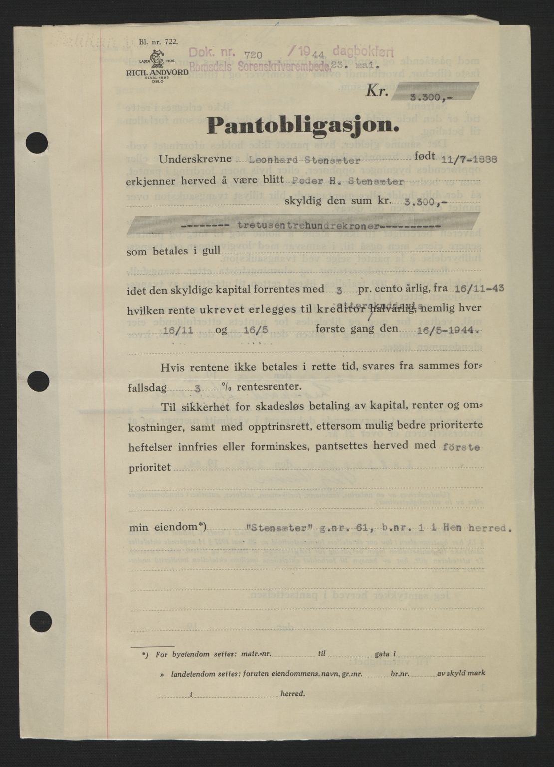 Romsdal sorenskriveri, SAT/A-4149/1/2/2C: Pantebok nr. B2, 1939-1945, Dagboknr: 720/1944