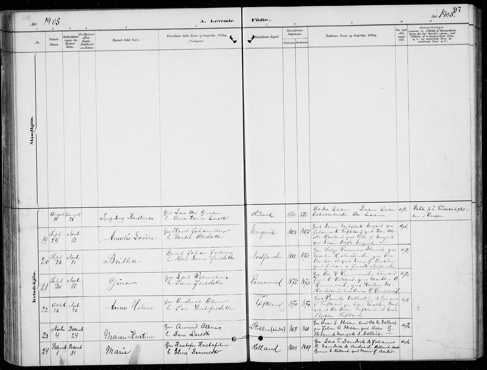 Fitjar sokneprestembete, AV/SAB-A-99926: Klokkerbok nr. A 2, 1887-1906, s. 97