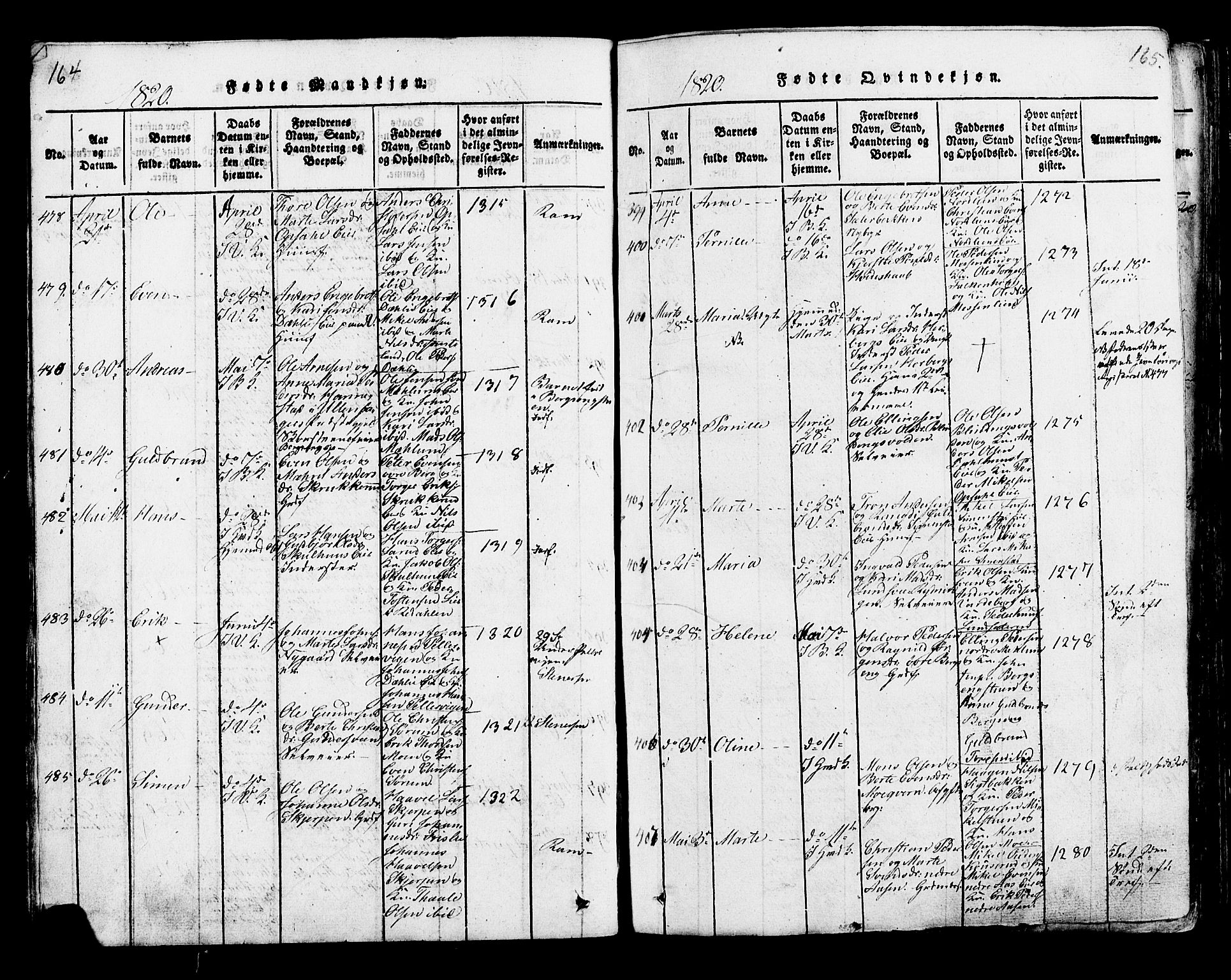 Ringsaker prestekontor, AV/SAH-PREST-014/K/Ka/L0005: Ministerialbok nr. 5, 1814-1826, s. 164-165