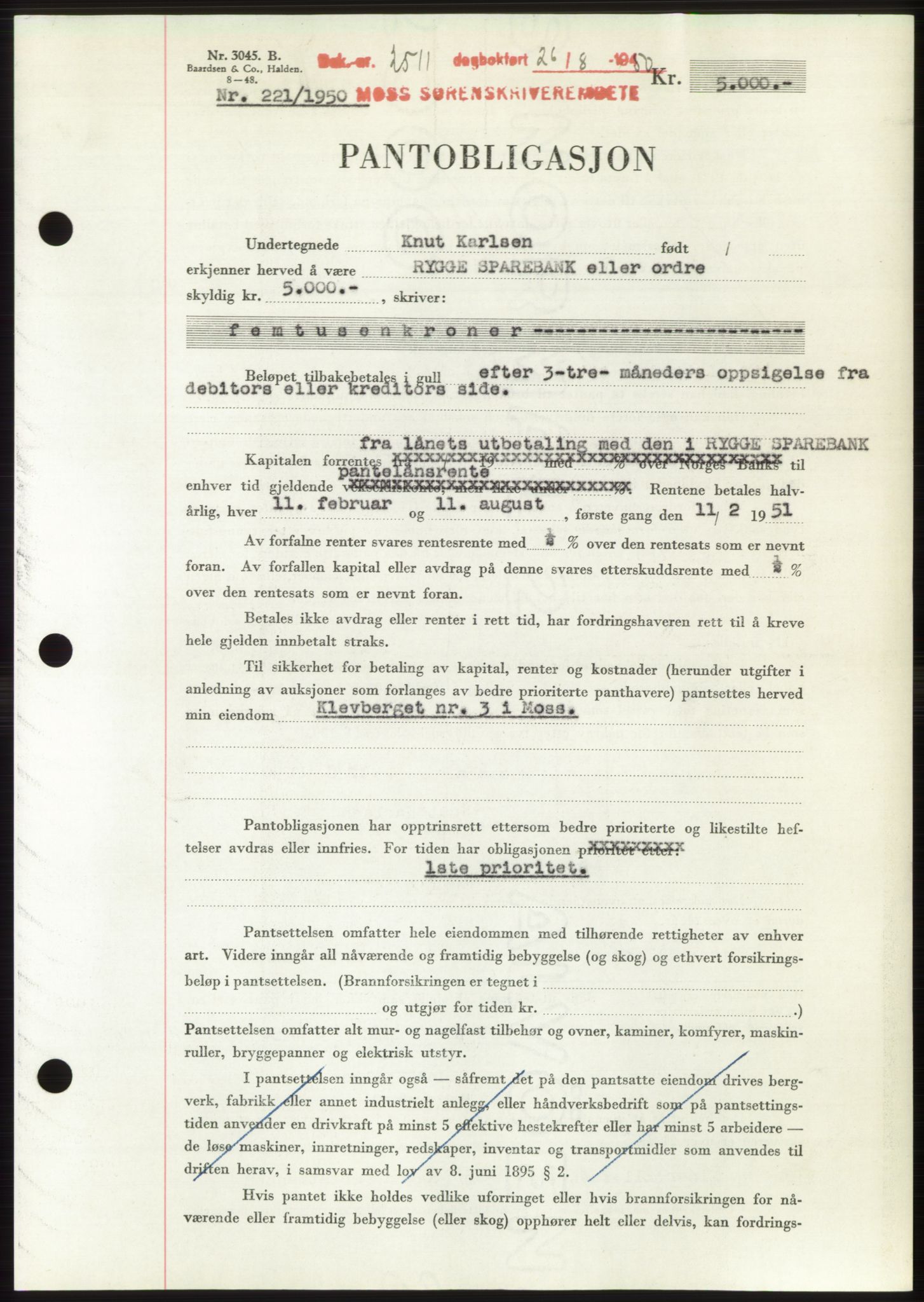Moss sorenskriveri, SAO/A-10168: Pantebok nr. B25, 1950-1950, Dagboknr: 2511/1950