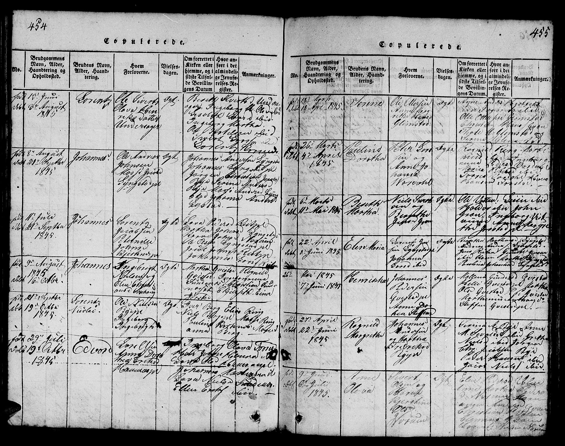 Ministerialprotokoller, klokkerbøker og fødselsregistre - Nord-Trøndelag, AV/SAT-A-1458/730/L0298: Klokkerbok nr. 730C01, 1816-1849, s. 454-455