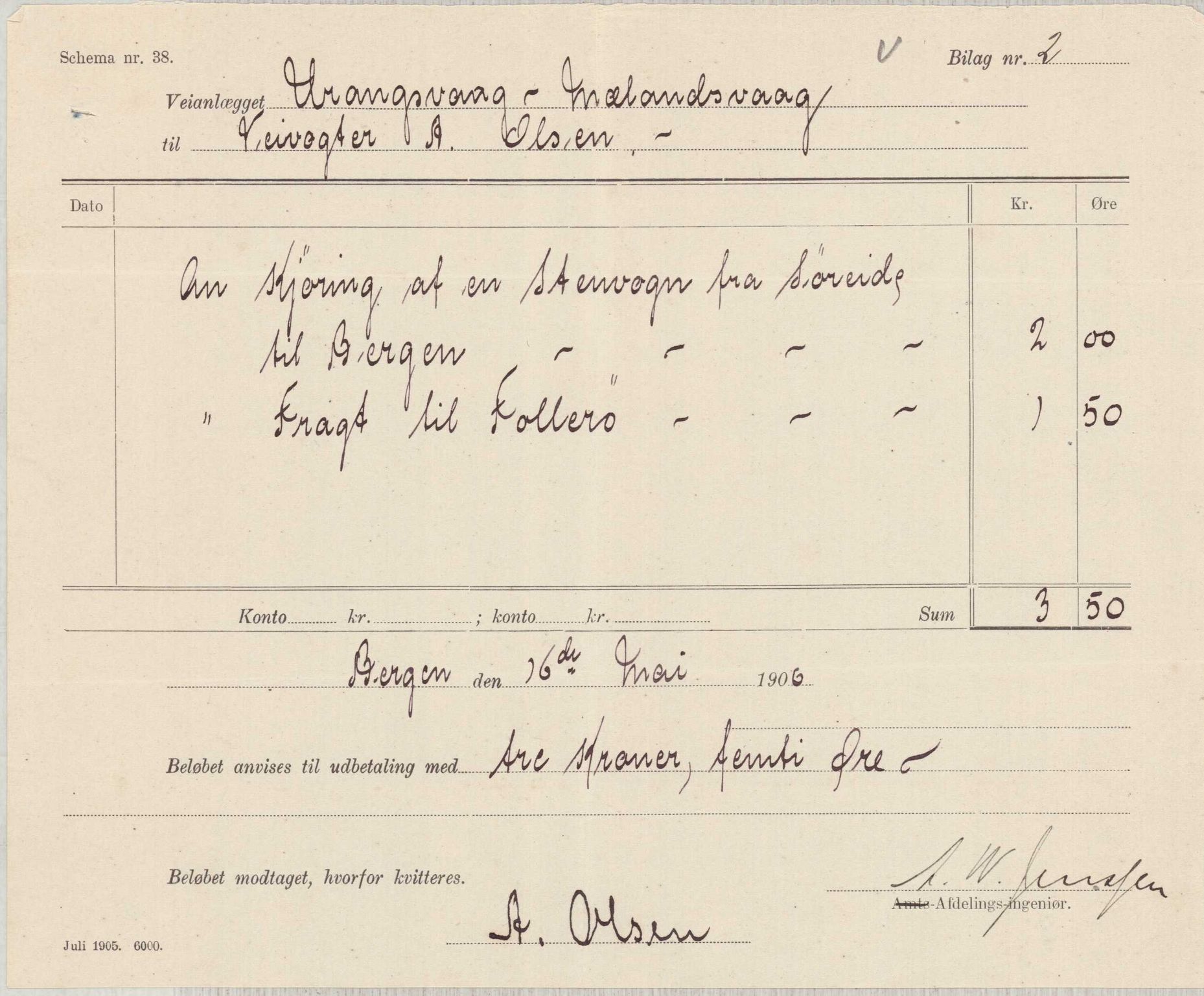 Finnaas kommune. Formannskapet, IKAH/1218a-021/E/Ea/L0002/0004: Rekneskap for veganlegg / Rekneskap for veganlegget Urangsvåg - Mælandsvåg, 1906, s. 18