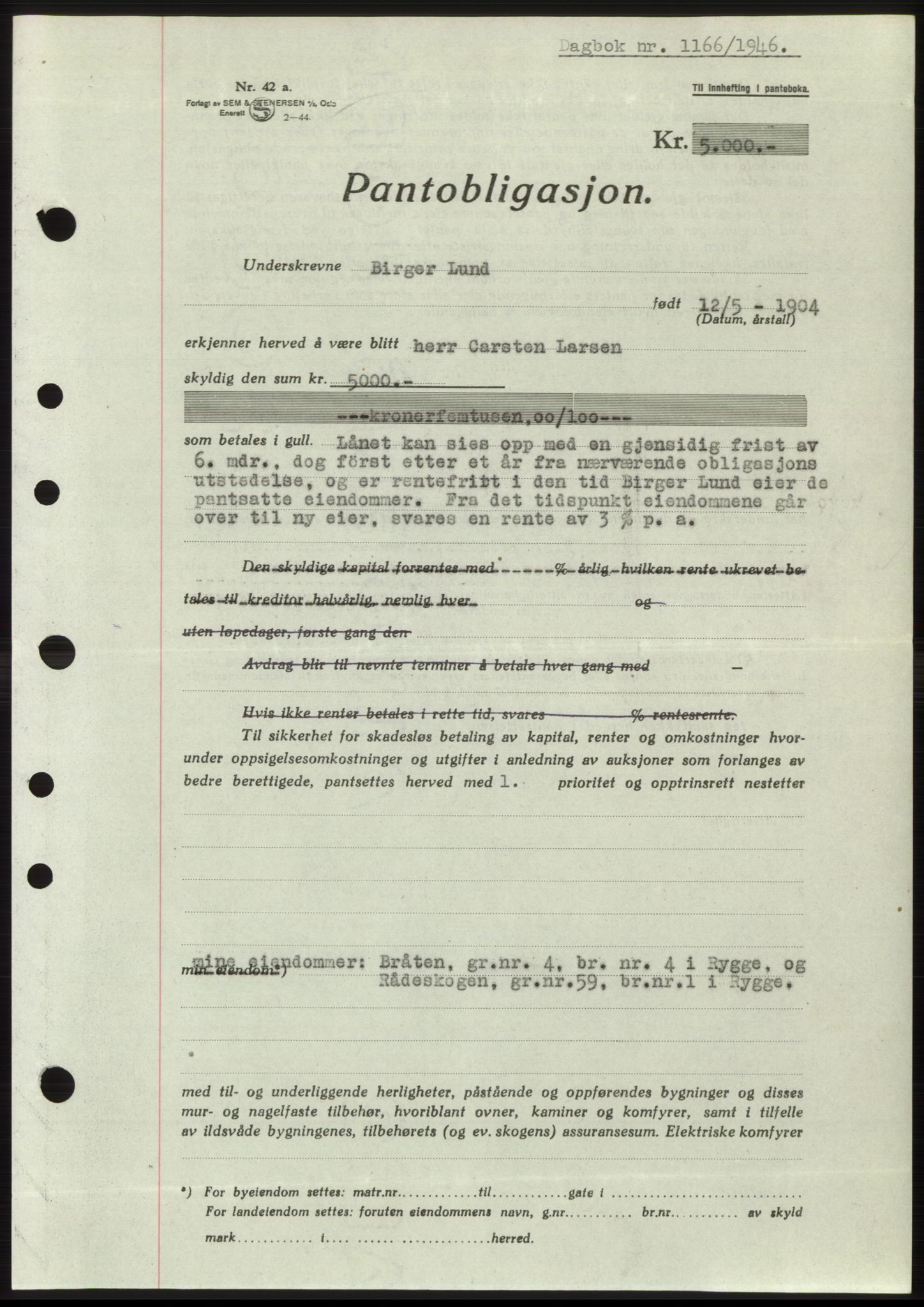 Moss sorenskriveri, SAO/A-10168: Pantebok nr. B15, 1946-1946, Dagboknr: 1166/1946