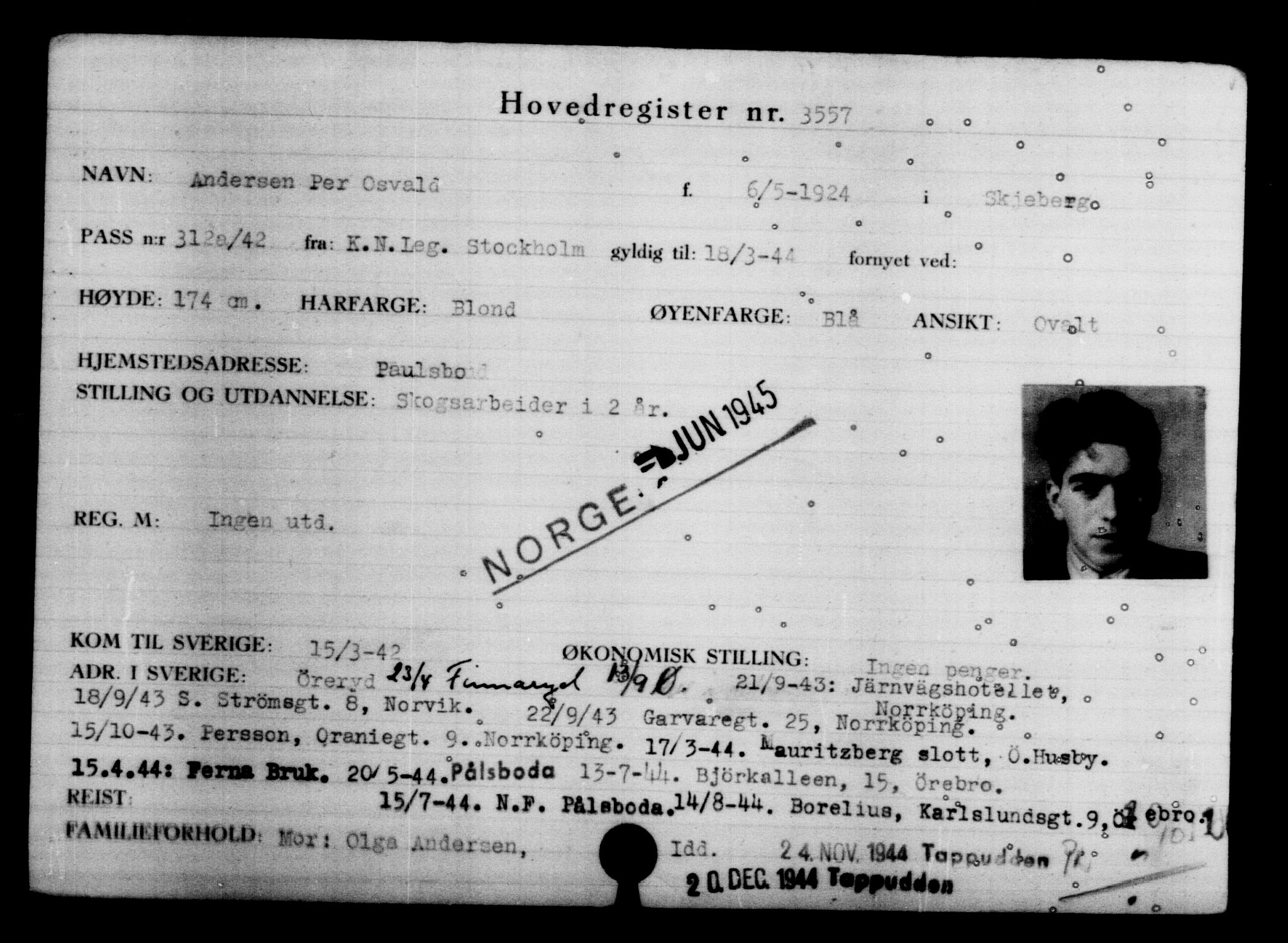 Den Kgl. Norske Legasjons Flyktningskontor, AV/RA-S-6753/V/Va/L0004: Kjesäterkartoteket.  Flyktningenr. 3496-6610, 1940-1945, s. 73
