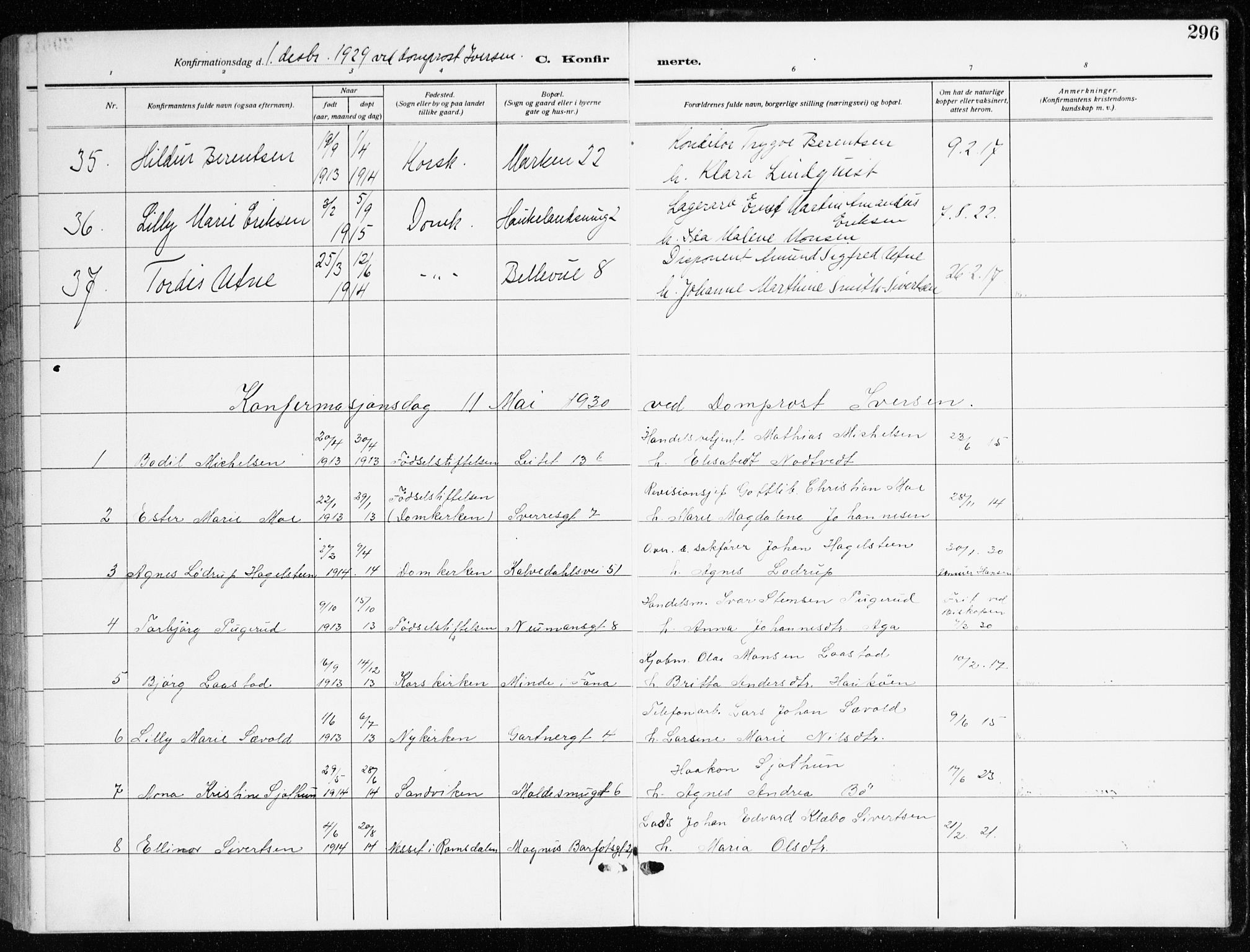 Domkirken sokneprestembete, AV/SAB-A-74801/H/Haa/L0032: Ministerialbok nr. C 7, 1915-1930, s. 296