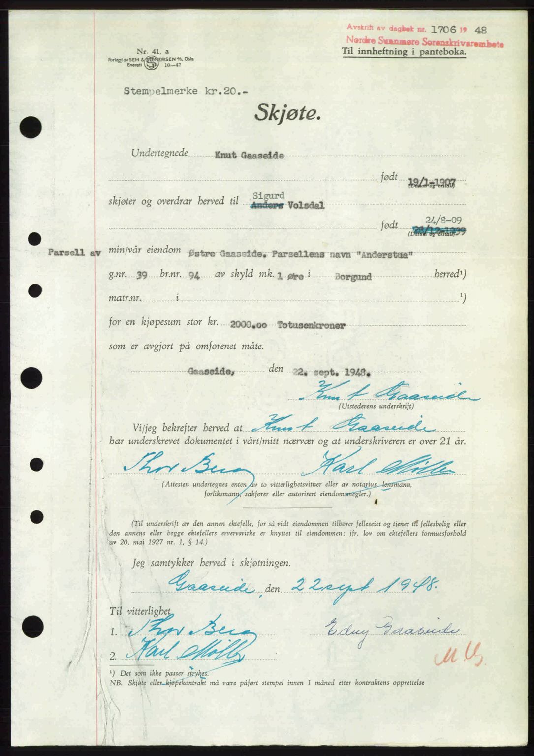 Nordre Sunnmøre sorenskriveri, AV/SAT-A-0006/1/2/2C/2Ca: Pantebok nr. A28, 1948-1948, Dagboknr: 1706/1948