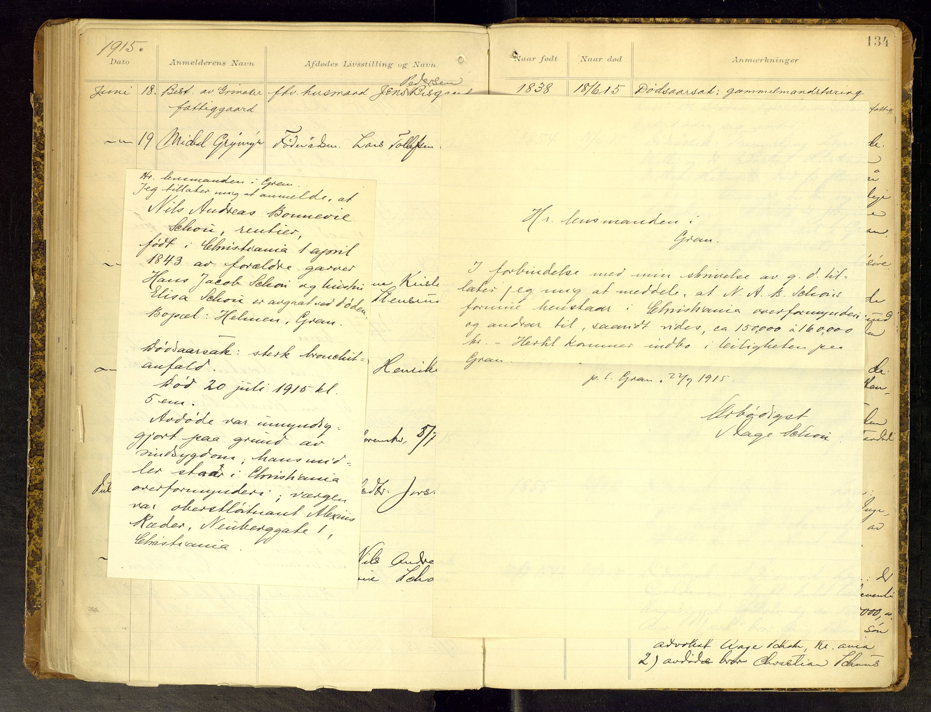 Gran lensmannskontor, AV/SAH-LOG-010/H/Ha/L0002: Dødsfallsprotokoll, 1899-1917, s. 134