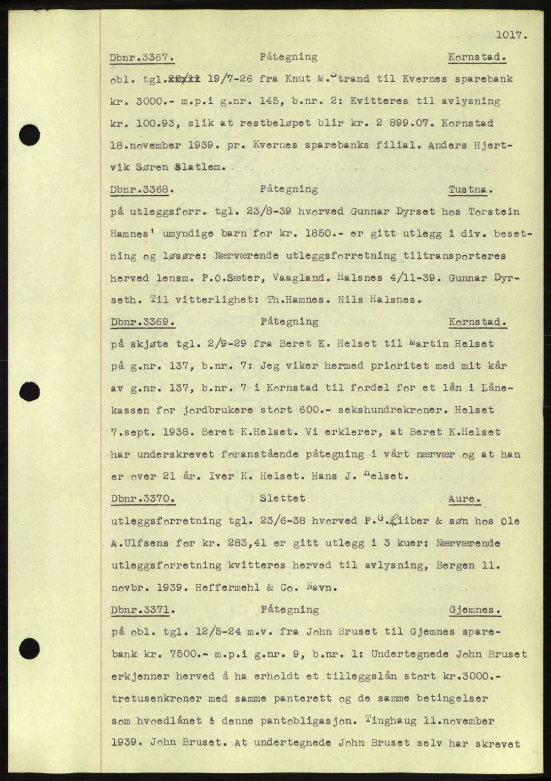 Nordmøre sorenskriveri, SAT/A-4132/1/2/2Ca: Pantebok nr. C80, 1936-1939, Dagboknr: 3367/1939