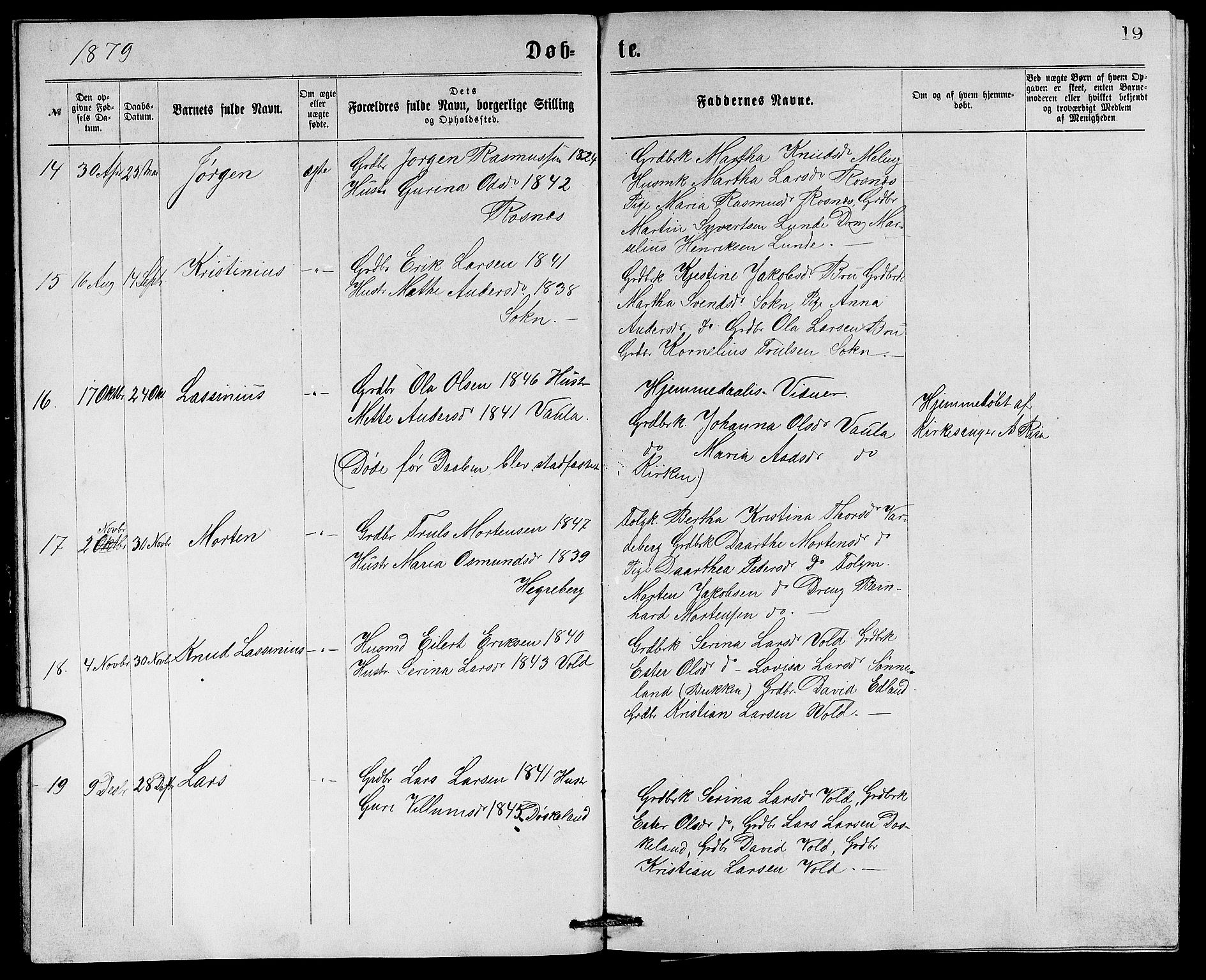 Rennesøy sokneprestkontor, AV/SAST-A -101827/H/Ha/Hab/L0005: Klokkerbok nr. B 5, 1871-1890, s. 19