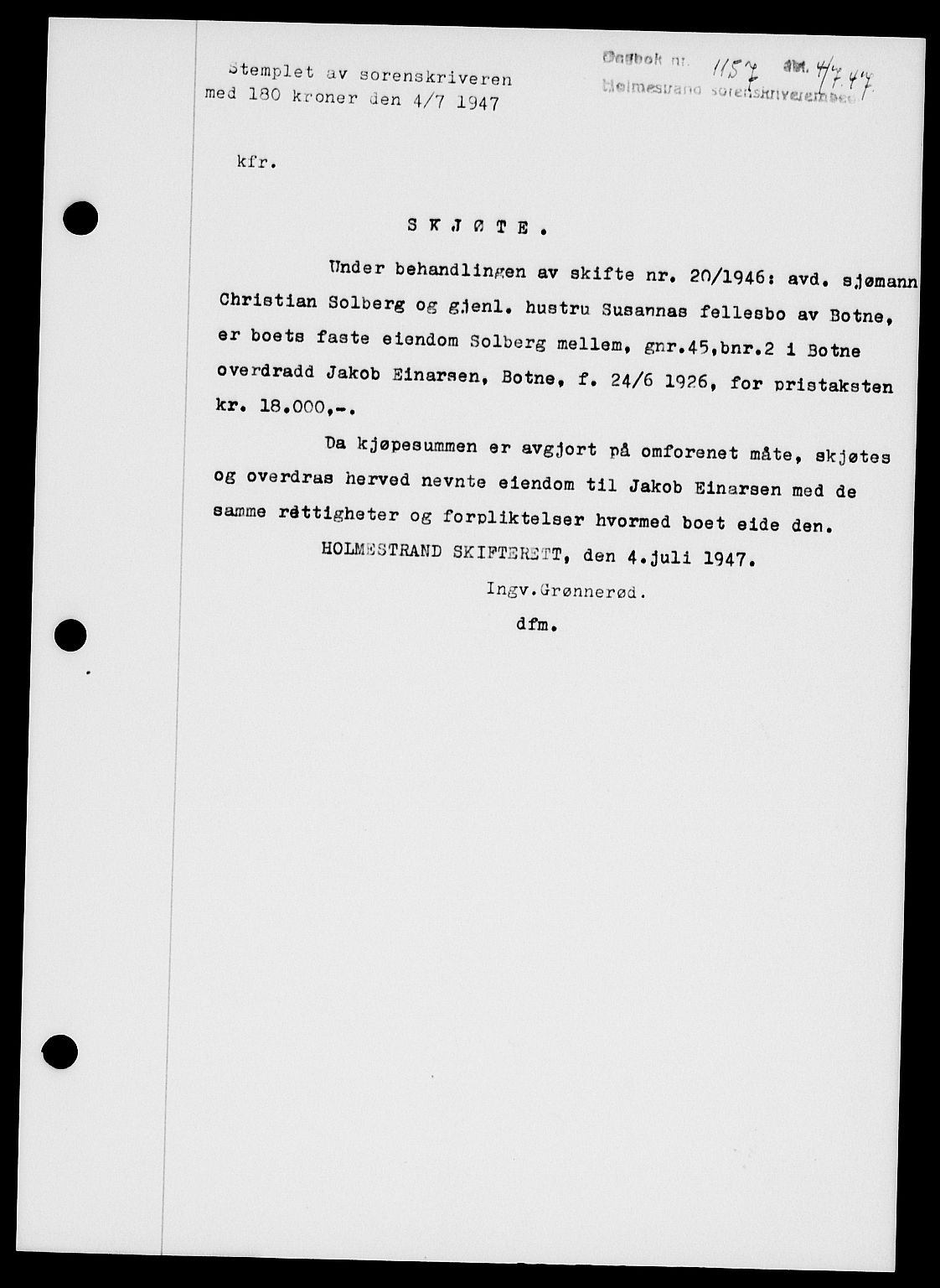 Holmestrand sorenskriveri, SAKO/A-67/G/Ga/Gaa/L0062: Pantebok nr. A-62, 1947-1947, Dagboknr: 1157/1947