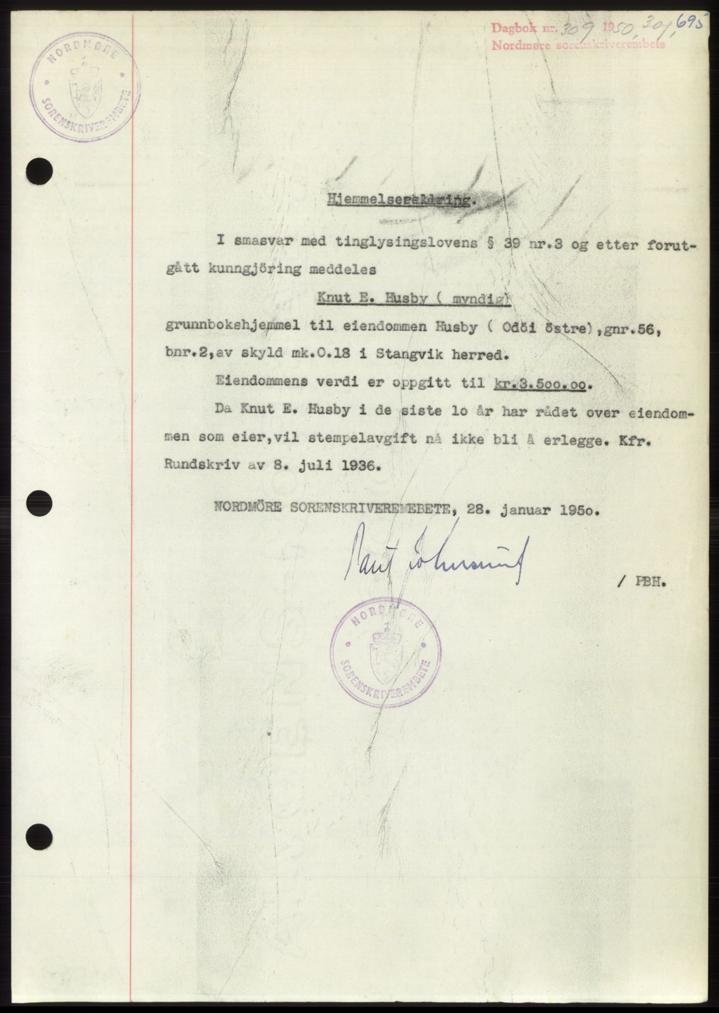 Nordmøre sorenskriveri, SAT/A-4132/1/2/2Ca: Pantebok nr. B103, 1949-1950, Dagboknr: 309/1950