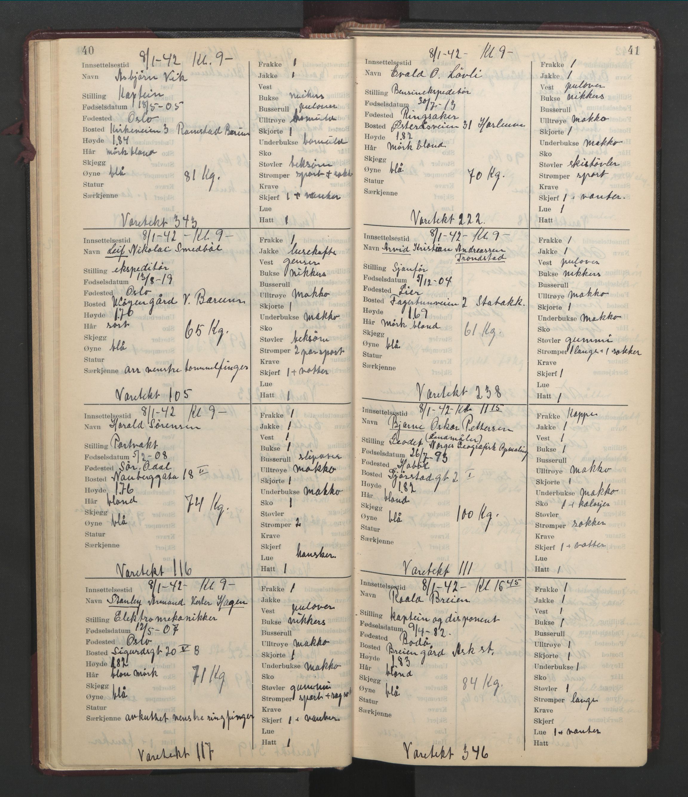 Statspolitiet - Hovedkontoret / Osloavdelingen, AV/RA-S-1329/C/Cl/L0014: Mottakelsesprotokoll, 1941-1944, s. 40-41