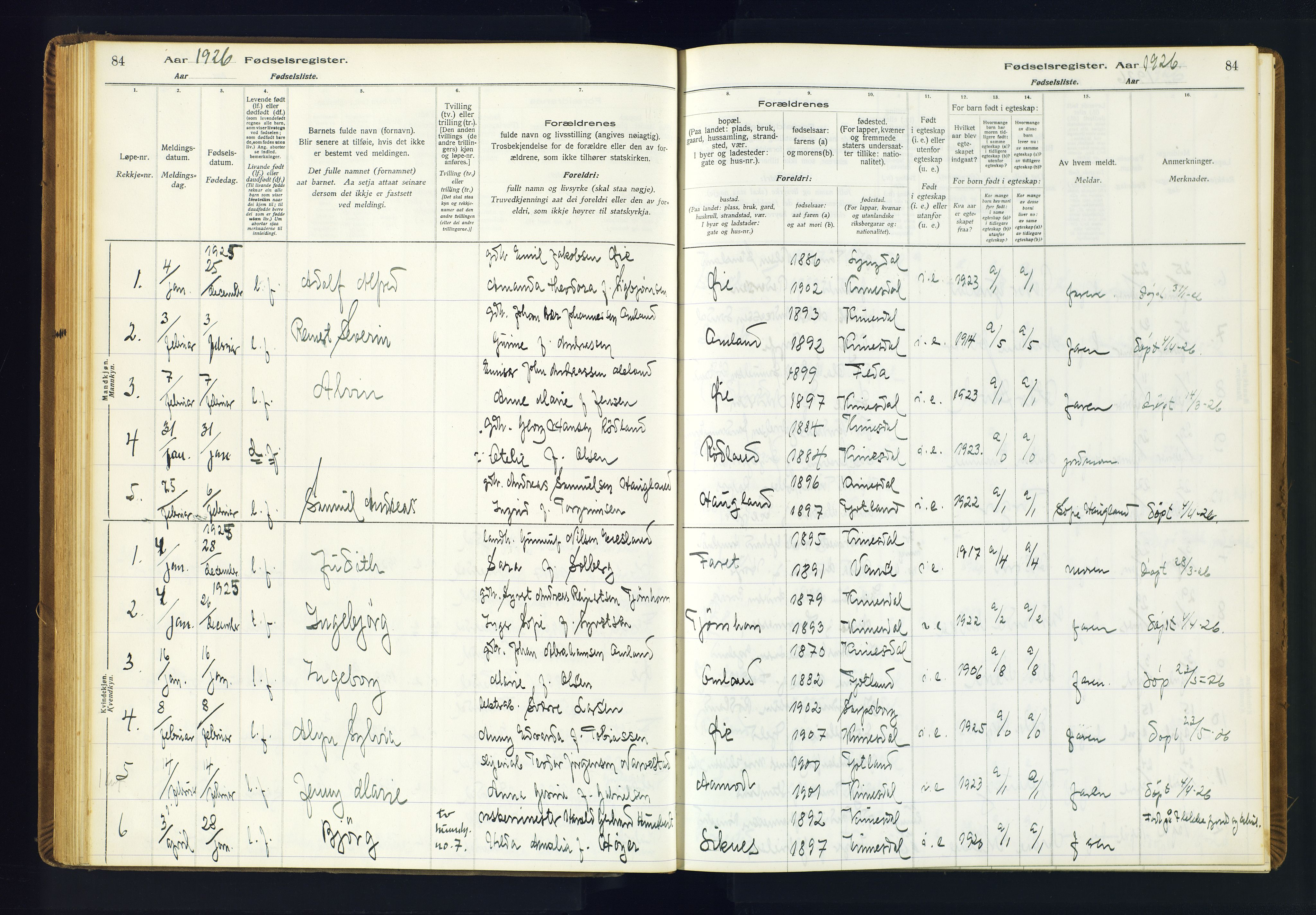 Kvinesdal sokneprestkontor, SAK/1111-0026/J/Ja/L0001: Fødselsregister nr. 1, 1916-1941, s. 84