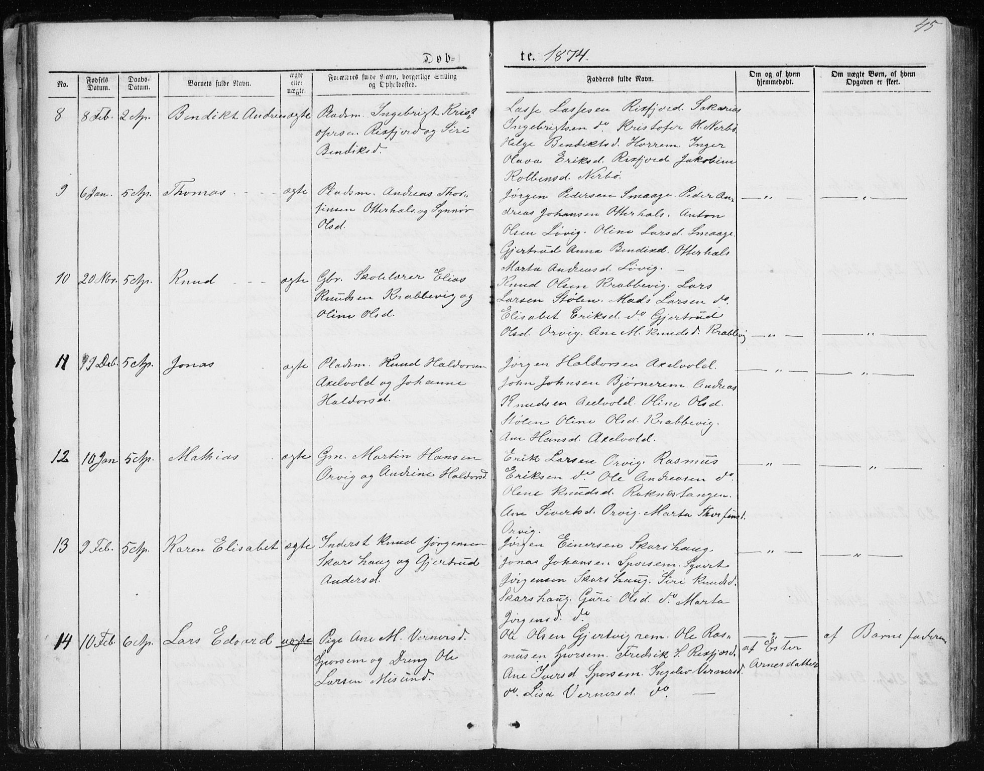 Ministerialprotokoller, klokkerbøker og fødselsregistre - Møre og Romsdal, AV/SAT-A-1454/560/L0724: Klokkerbok nr. 560C01, 1867-1892, s. 45