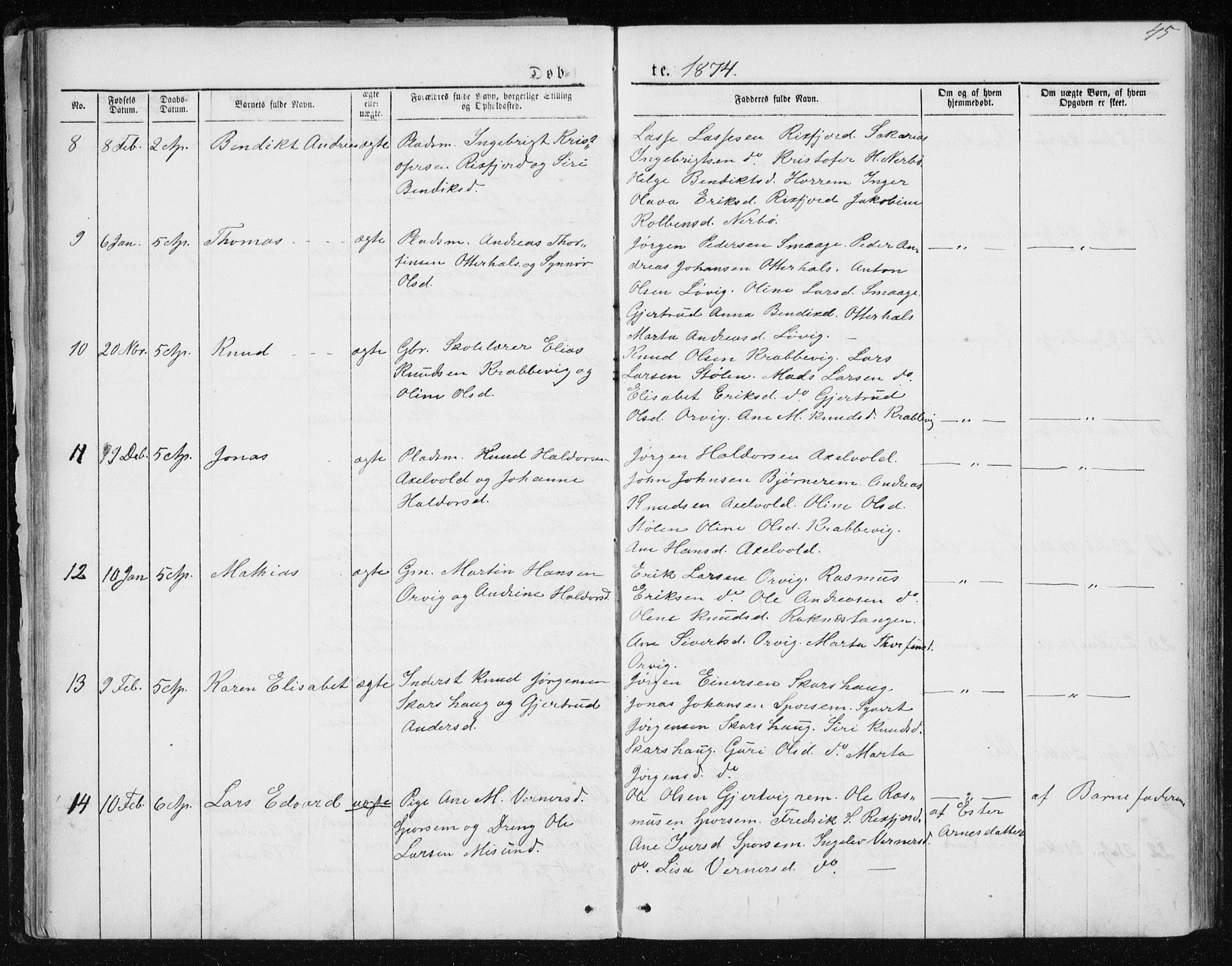 Ministerialprotokoller, klokkerbøker og fødselsregistre - Møre og Romsdal, SAT/A-1454/560/L0724: Klokkerbok nr. 560C01, 1867-1892, s. 45