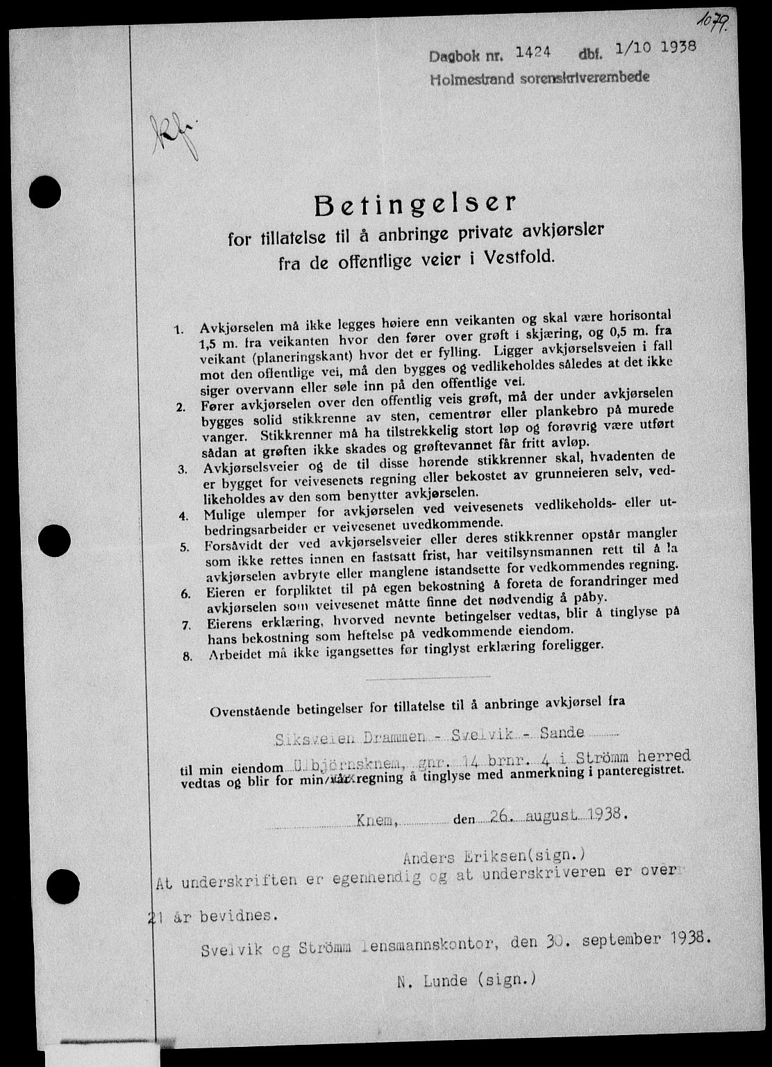 Holmestrand sorenskriveri, SAKO/A-67/G/Ga/Gaa/L0049: Pantebok nr. A-49, 1937-1938, Dagboknr: 1424/1938