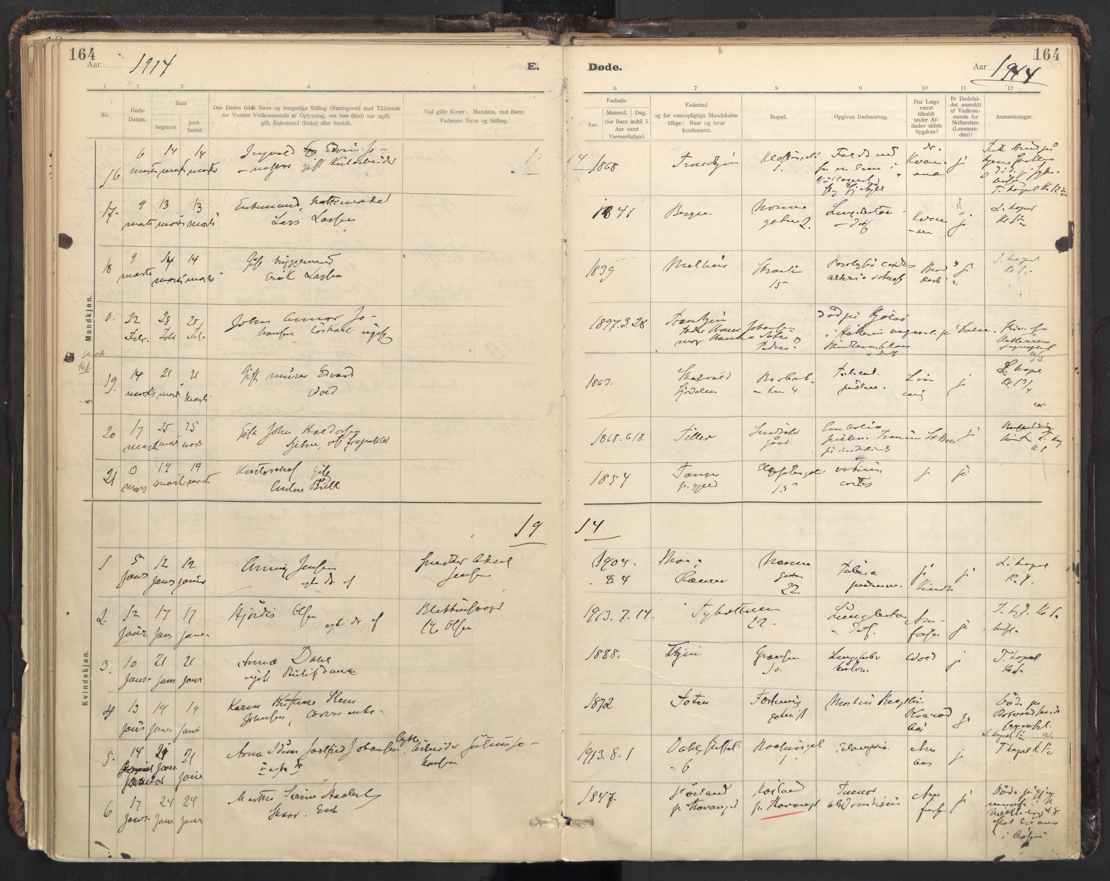 Ministerialprotokoller, klokkerbøker og fødselsregistre - Sør-Trøndelag, SAT/A-1456/604/L0204: Ministerialbok nr. 604A24, 1911-1920, s. 164