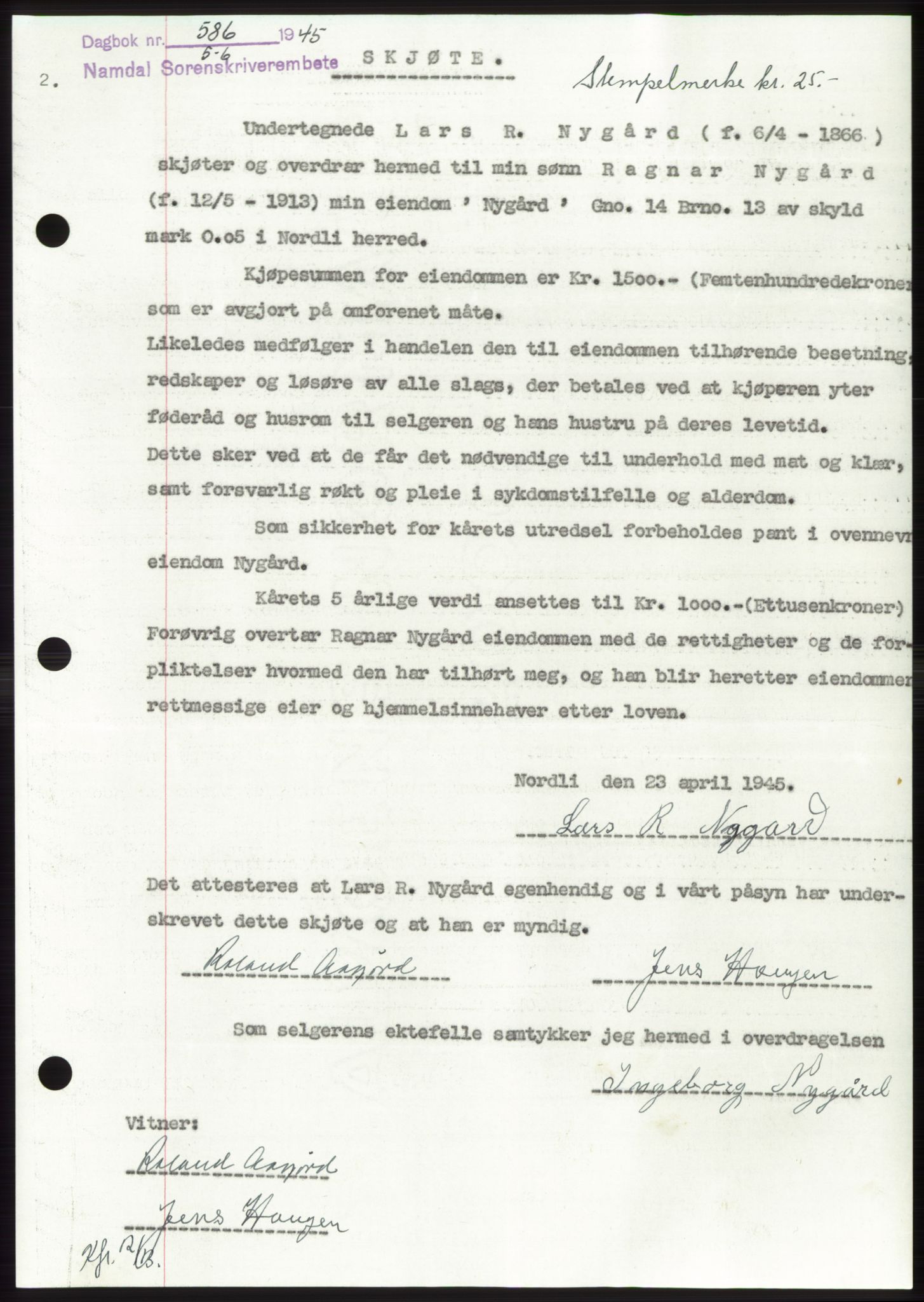 Namdal sorenskriveri, SAT/A-4133/1/2/2C: Pantebok nr. -, 1944-1945, Dagboknr: 586/1945