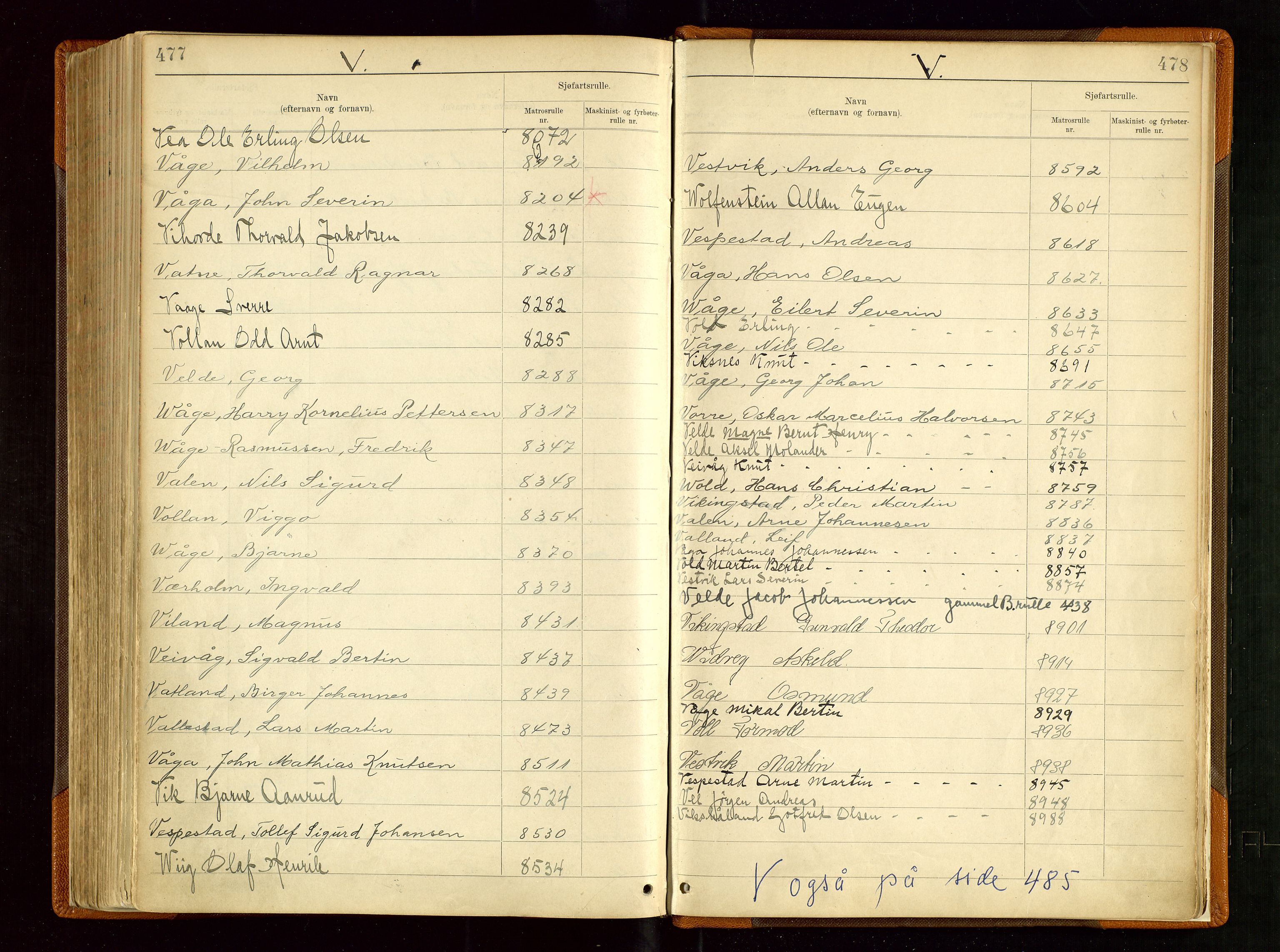 Haugesund sjømannskontor, AV/SAST-A-102007/F/Fb/Fba/L0004: Navneregister med henvisning til rullenummer (etternavn) Haugesund krets, 1860-1948, s. 477-478