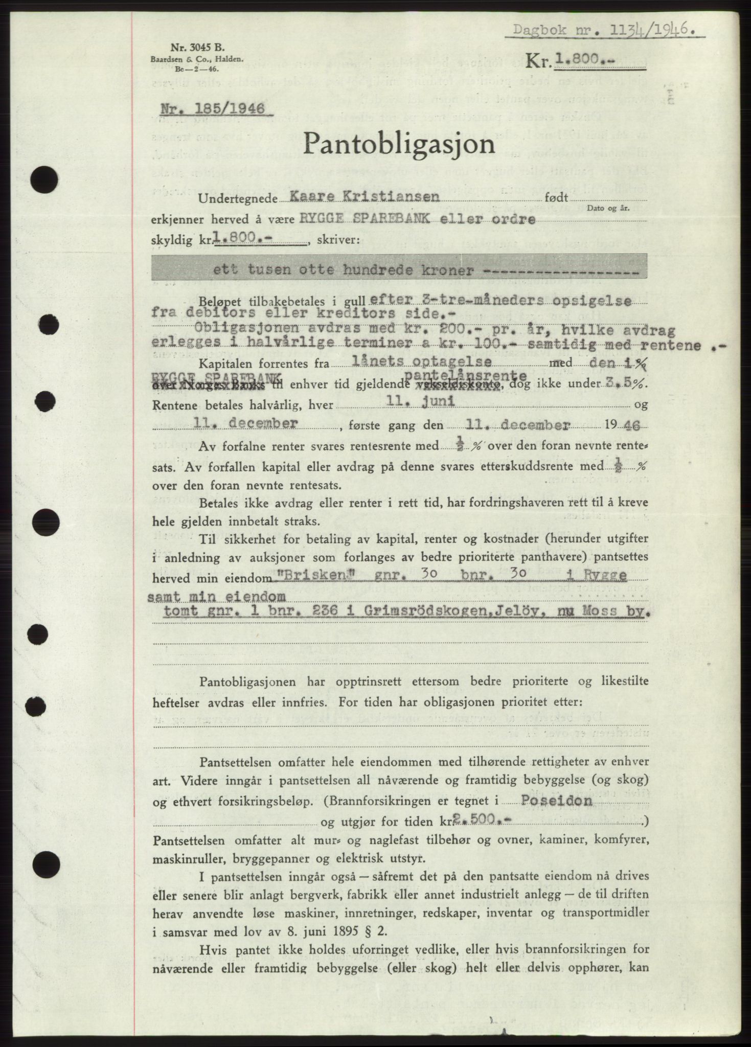 Moss sorenskriveri, SAO/A-10168: Pantebok nr. B15, 1946-1946, Dagboknr: 1134/1946