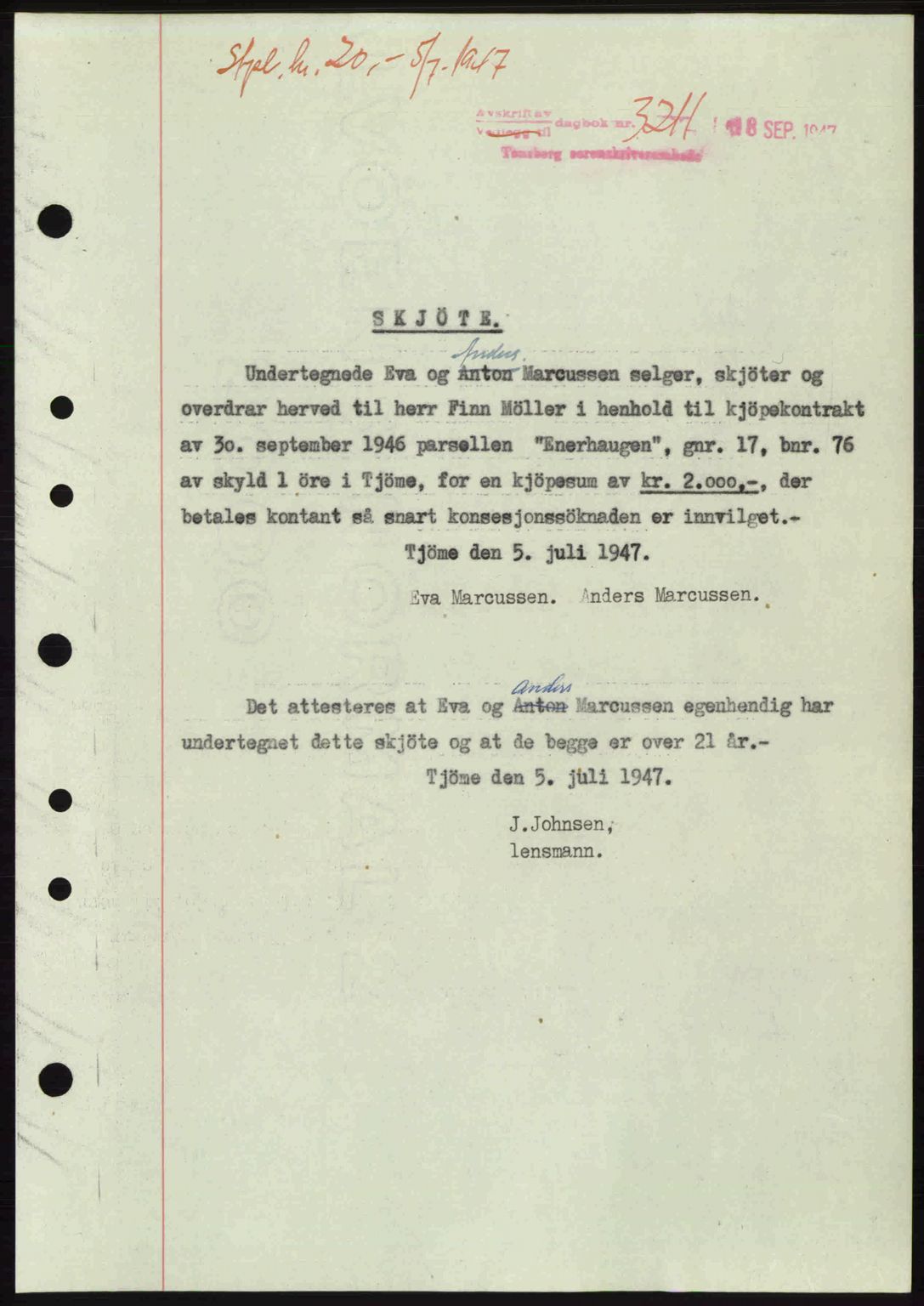Tønsberg sorenskriveri, SAKO/A-130/G/Ga/Gaa/L0022: Pantebok nr. A22, 1947-1947, Dagboknr: 3211/1947