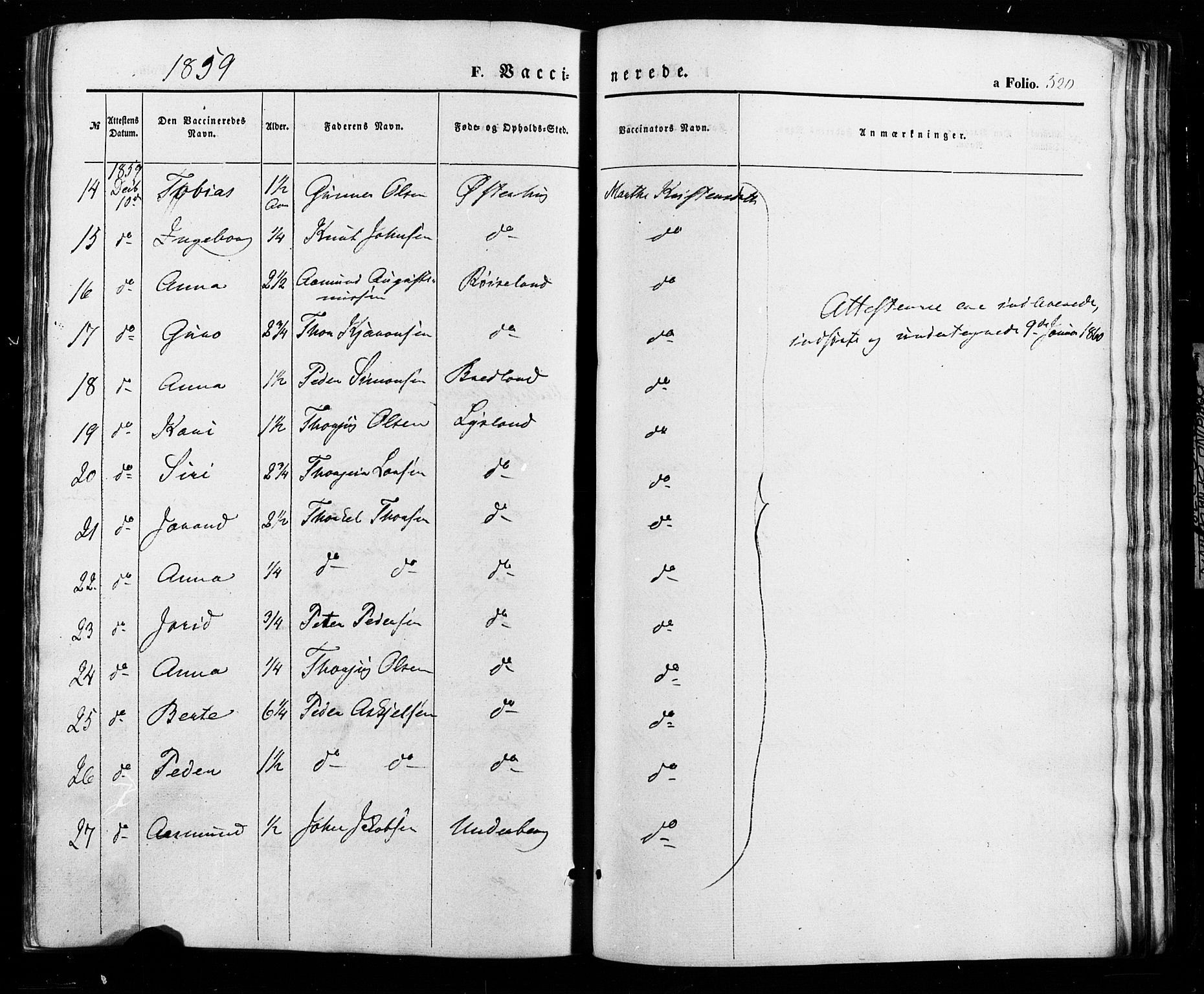 Åseral sokneprestkontor, SAK/1111-0051/F/Fa/L0002: Ministerialbok nr. A 2, 1854-1884, s. 520