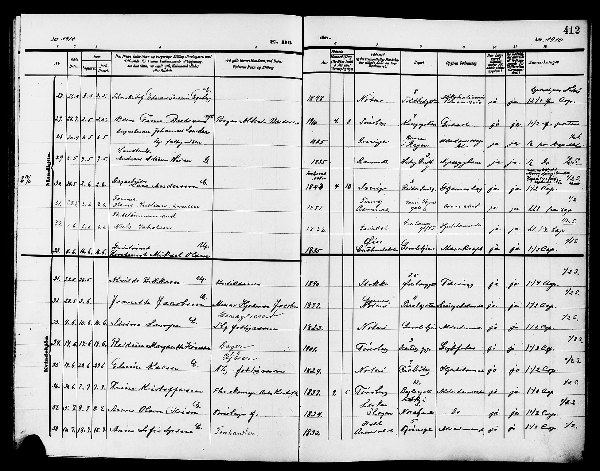 Tønsberg kirkebøker, AV/SAKO-A-330/G/Ga/L0008: Klokkerbok nr. 8, 1905-1912, s. 412