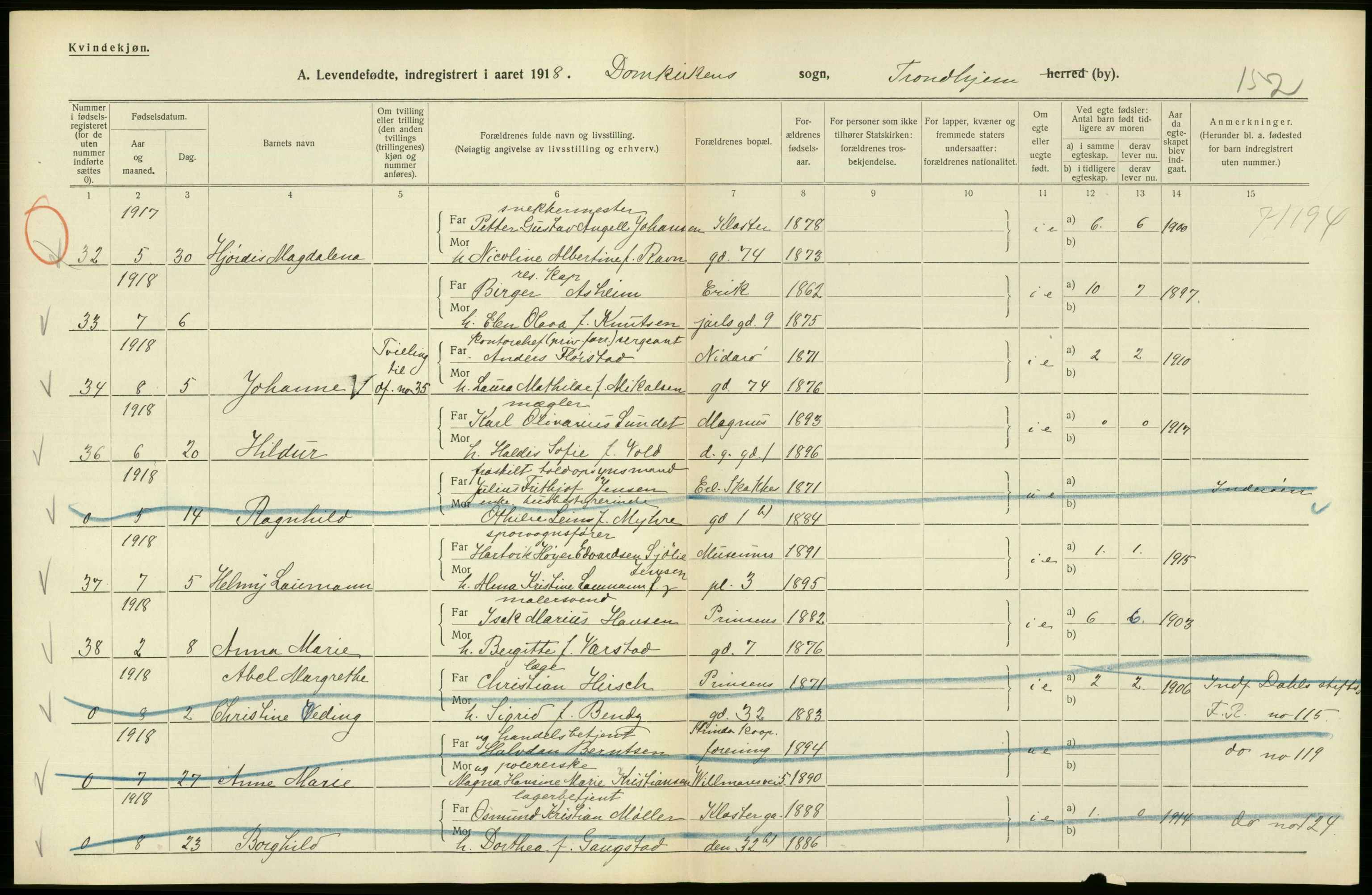 Statistisk sentralbyrå, Sosiodemografiske emner, Befolkning, AV/RA-S-2228/D/Df/Dfb/Dfbh/L0048: Trondheim: Levendefødte menn og kvinner, gifte., 1918, s. 550