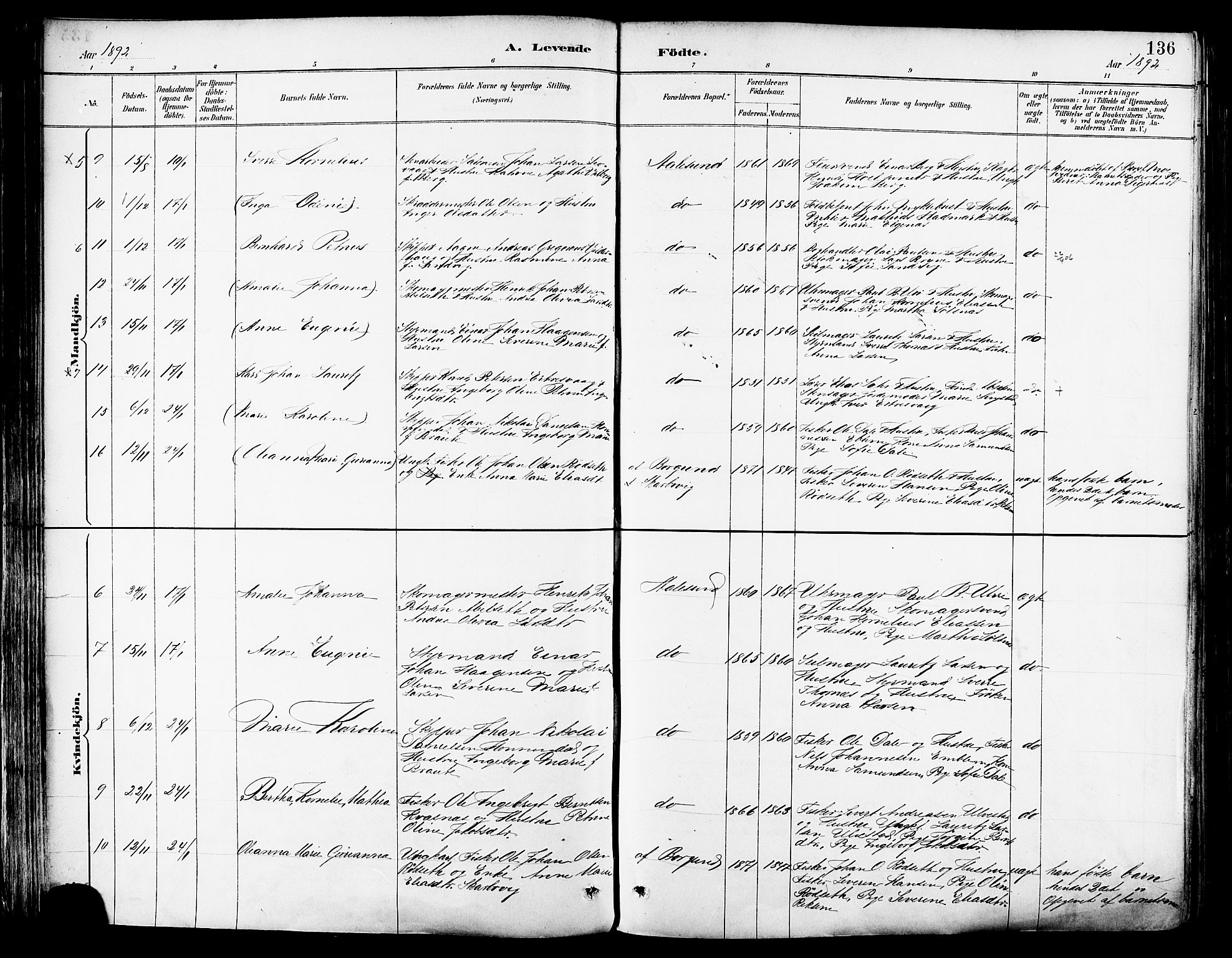 Ministerialprotokoller, klokkerbøker og fødselsregistre - Møre og Romsdal, AV/SAT-A-1454/529/L0455: Ministerialbok nr. 529A05, 1885-1893, s. 136