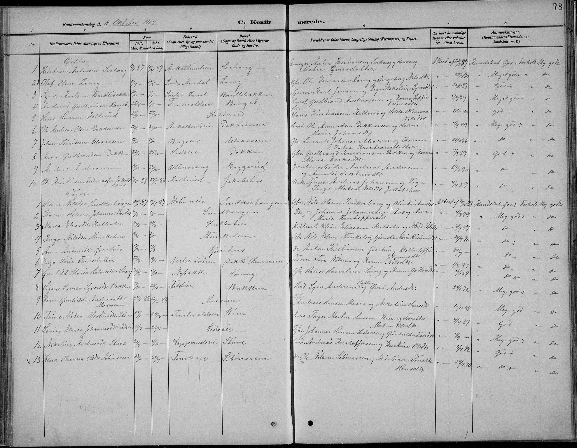 Nordre Land prestekontor, SAH/PREST-124/H/Ha/Hab/L0013: Klokkerbok nr. 13, 1891-1904, s. 78