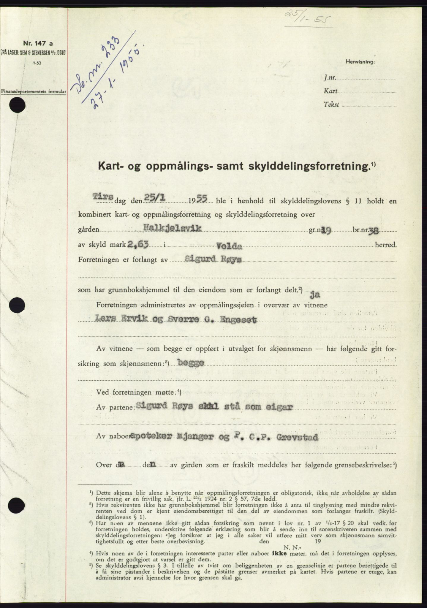 Søre Sunnmøre sorenskriveri, SAT/A-4122/1/2/2C/L0100: Pantebok nr. 26A, 1954-1955, Dagboknr: 233/1955