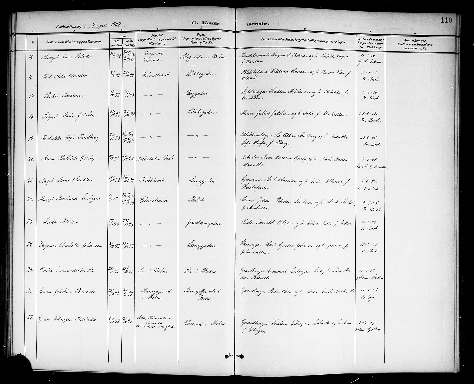 Holmestrand kirkebøker, AV/SAKO-A-346/G/Ga/L0006: Klokkerbok nr. 6, 1901-1923, s. 110