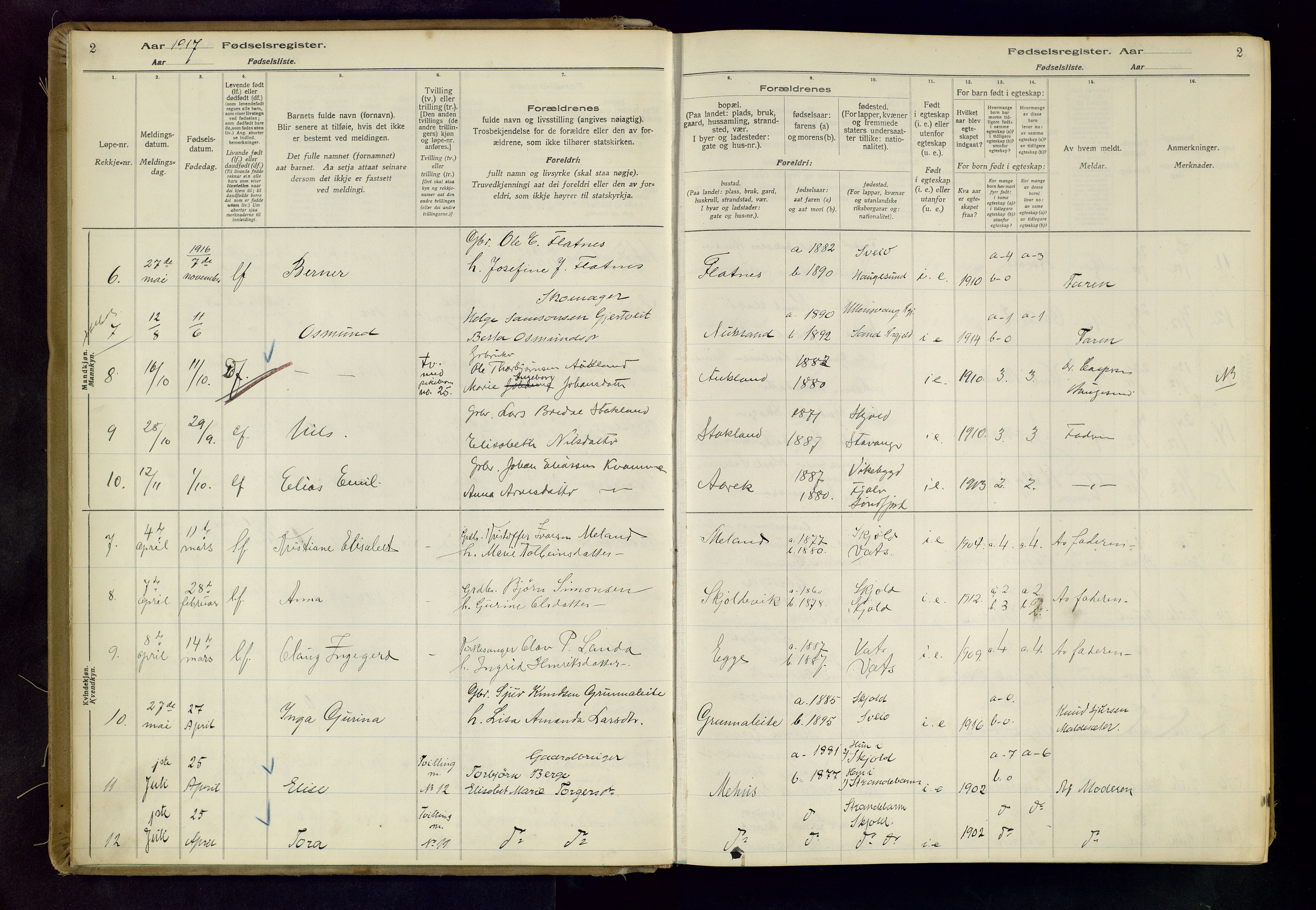 Skjold sokneprestkontor, AV/SAST-A-101847/I/Id/L0001: Fødselsregister nr. 1, 1917-1951, s. 2