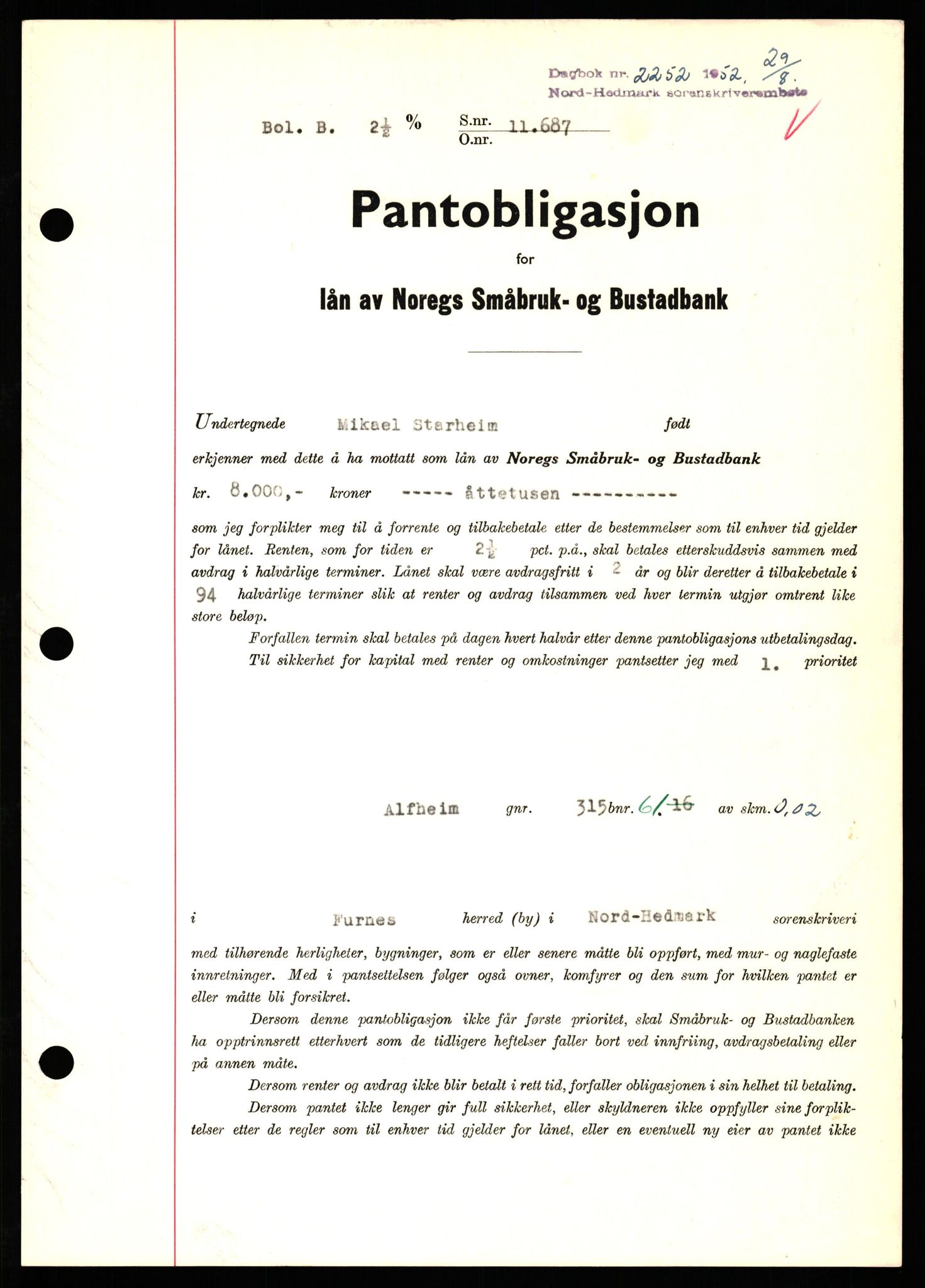 Nord-Hedmark sorenskriveri, SAH/TING-012/H/Hb/Hbf/L0025: Pantebok nr. B25, 1952-1952, Dagboknr: 2252/1952