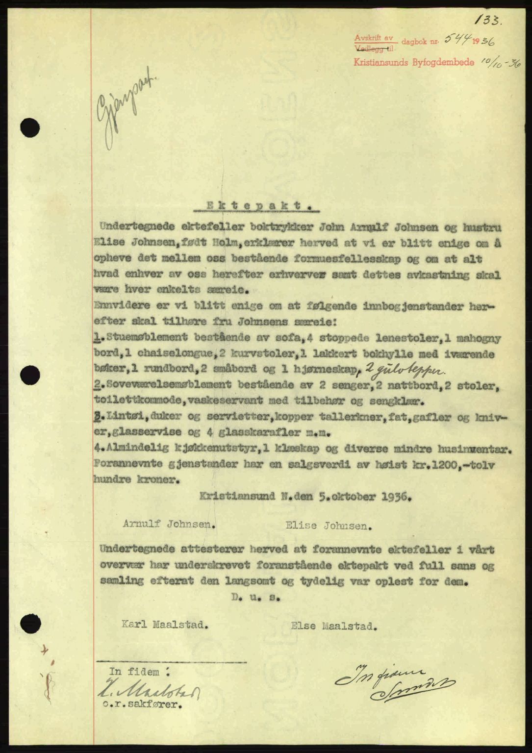 Kristiansund byfogd, AV/SAT-A-4587/A/27: Pantebok nr. 29, 1936-1937, Dagboknr: 544/1936