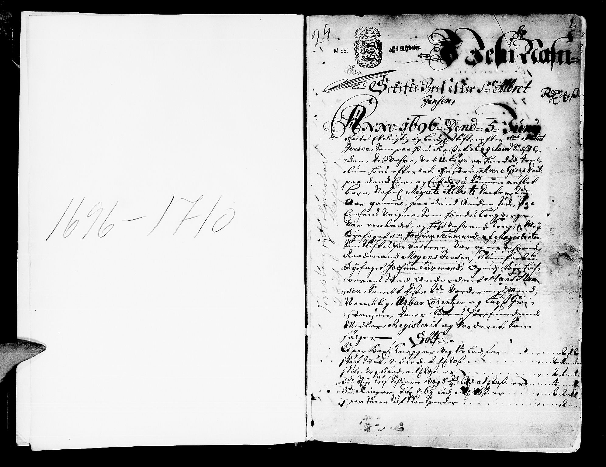 Tønsberg byfogd, SAKO/A-224/H/Hb/L0001: Skifteprotokoll, 1696-1710, s. 0b-1a