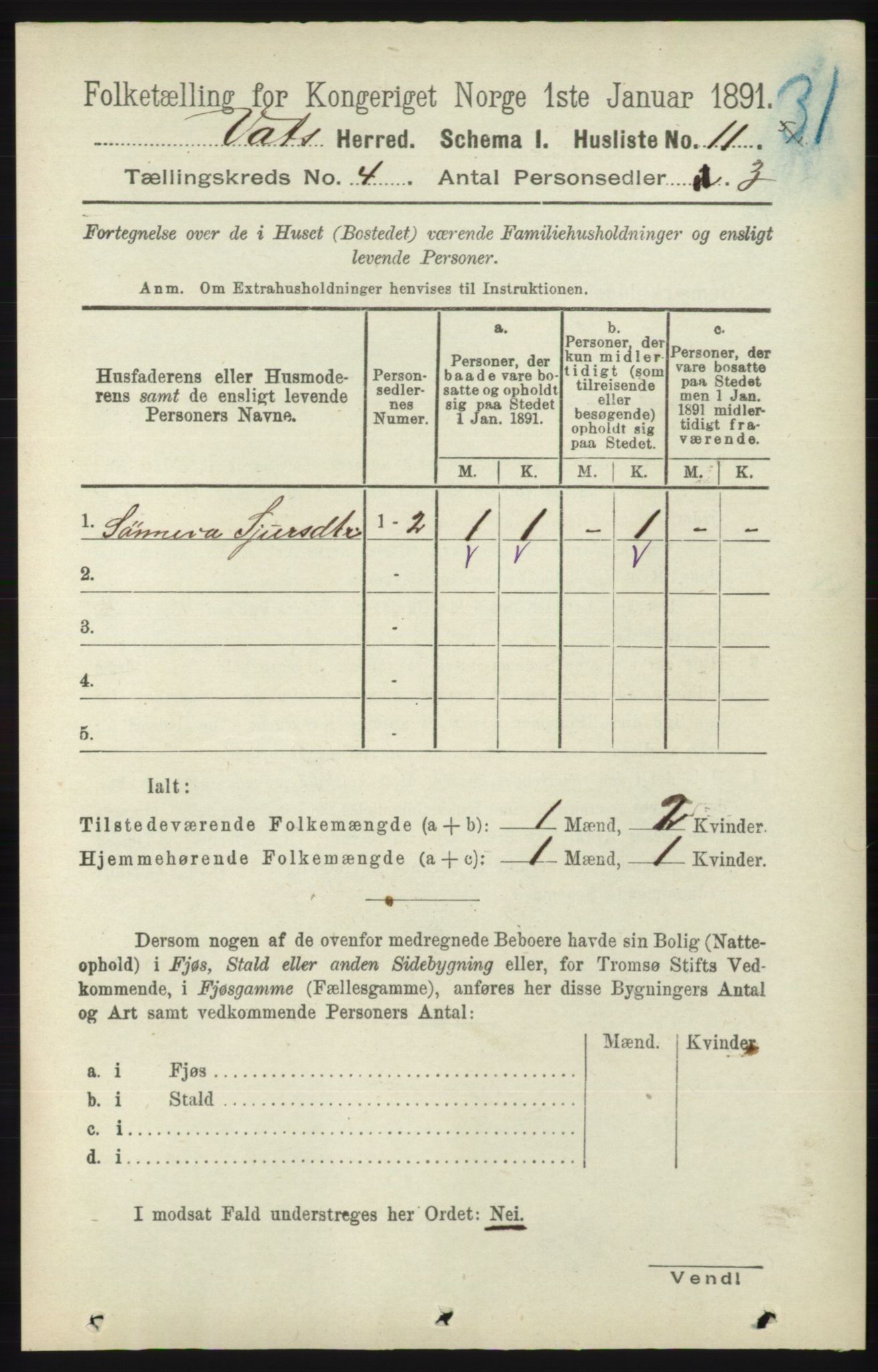 RA, Folketelling 1891 for 1155 Vats herred, 1891, s. 601