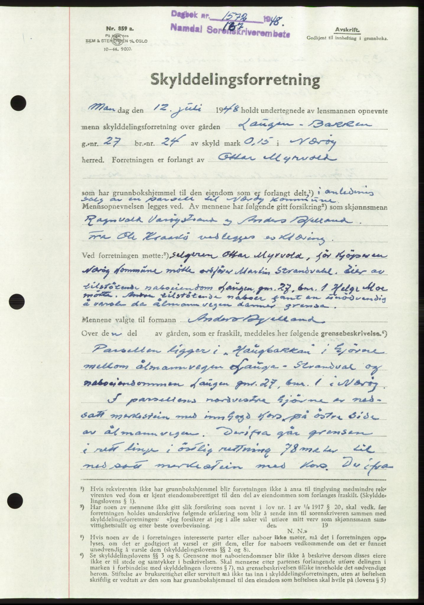 Namdal sorenskriveri, SAT/A-4133/1/2/2C: Pantebok nr. -, 1948-1948, Dagboknr: 1572/1948