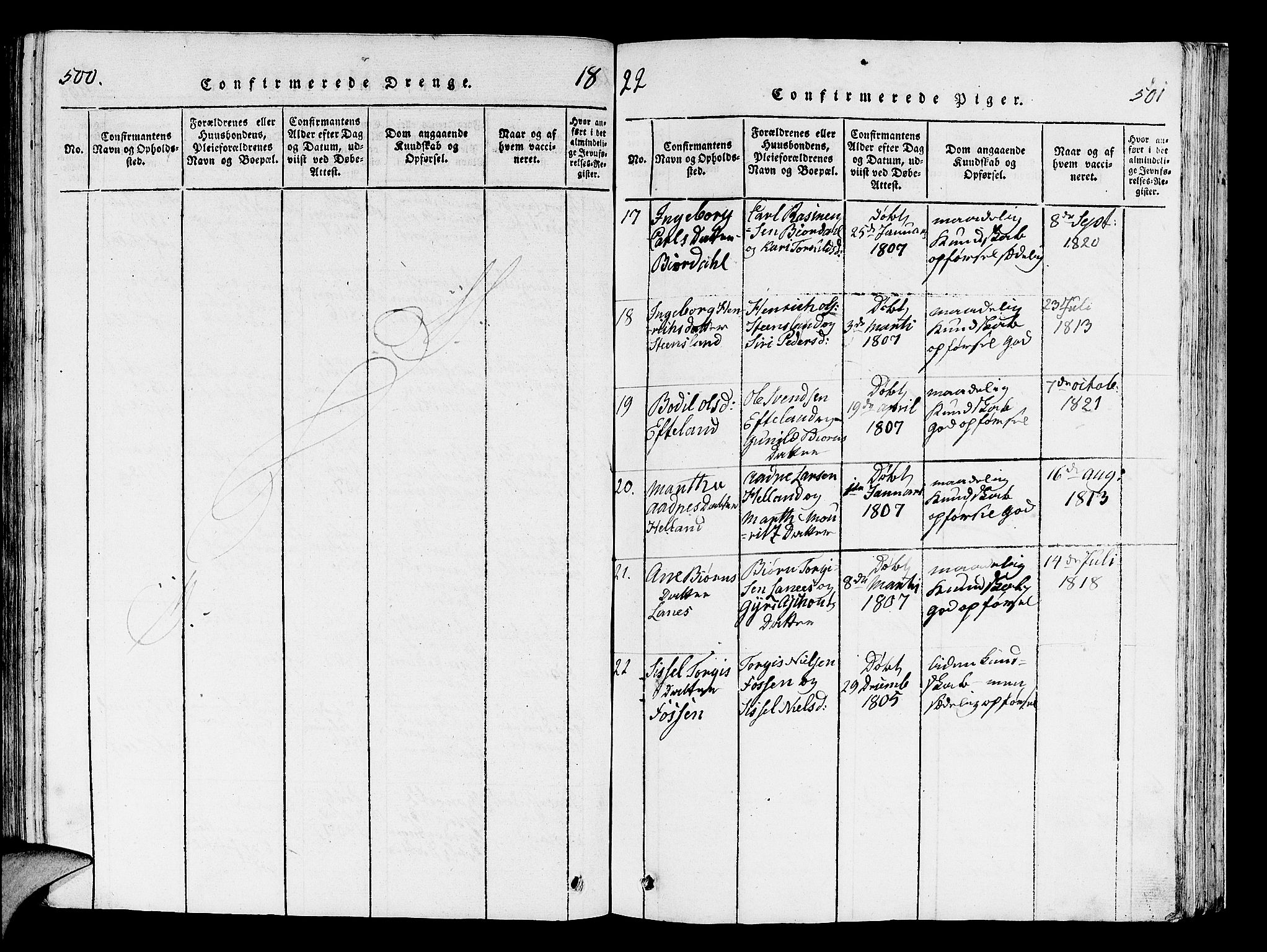 Helleland sokneprestkontor, SAST/A-101810: Ministerialbok nr. A 5, 1815-1834, s. 500-501