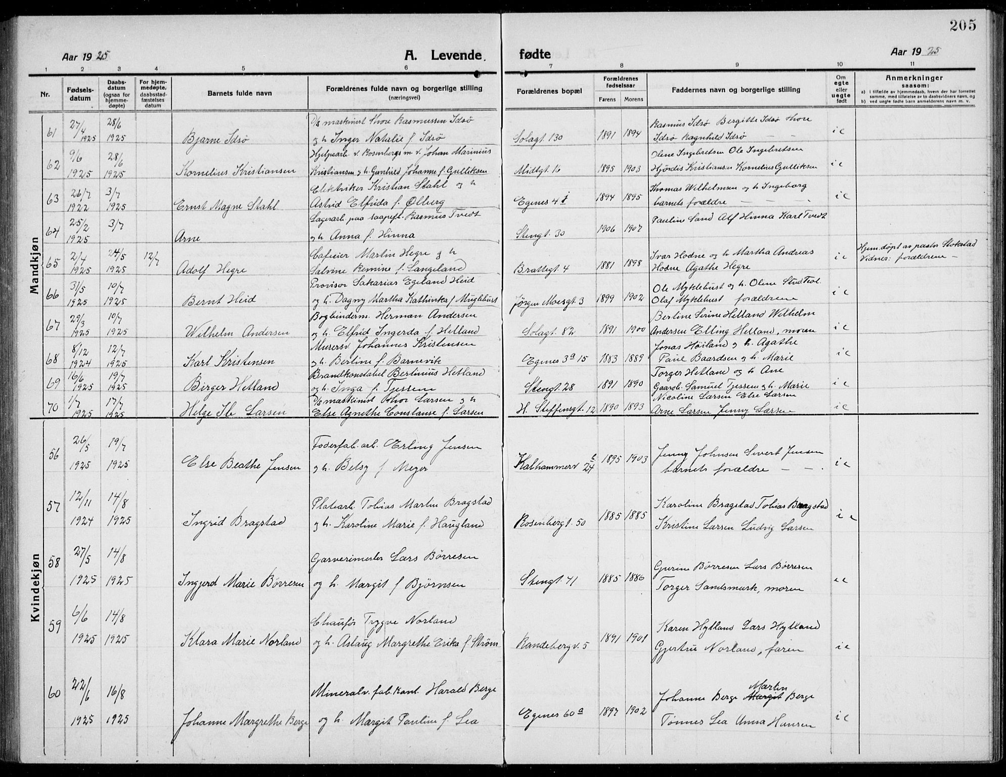 Domkirken sokneprestkontor, AV/SAST-A-101812/001/30/30BB/L0019: Klokkerbok nr. B 19, 1915-1932, s. 205