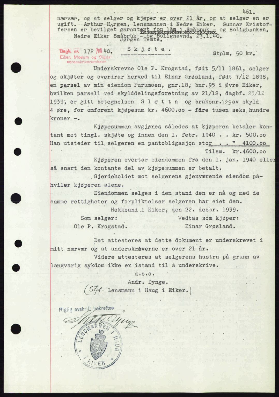 Eiker, Modum og Sigdal sorenskriveri, SAKO/A-123/G/Ga/Gab/L0041: Pantebok nr. A11, 1939-1940, Dagboknr: 172/1940