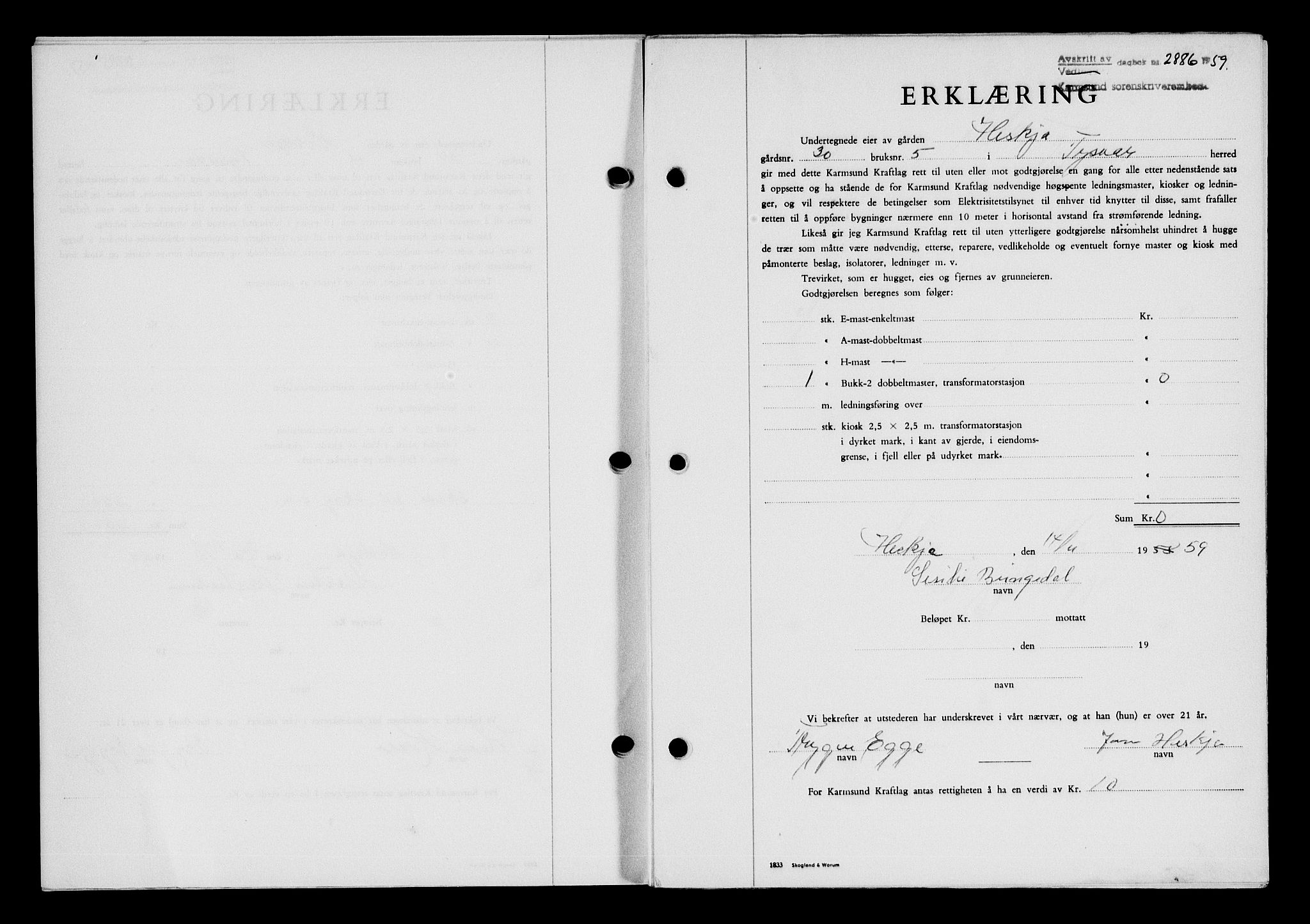 Karmsund sorenskriveri, SAST/A-100311/01/II/IIB/L0132: Pantebok nr. 112A, 1959-1959, Dagboknr: 2886/1959