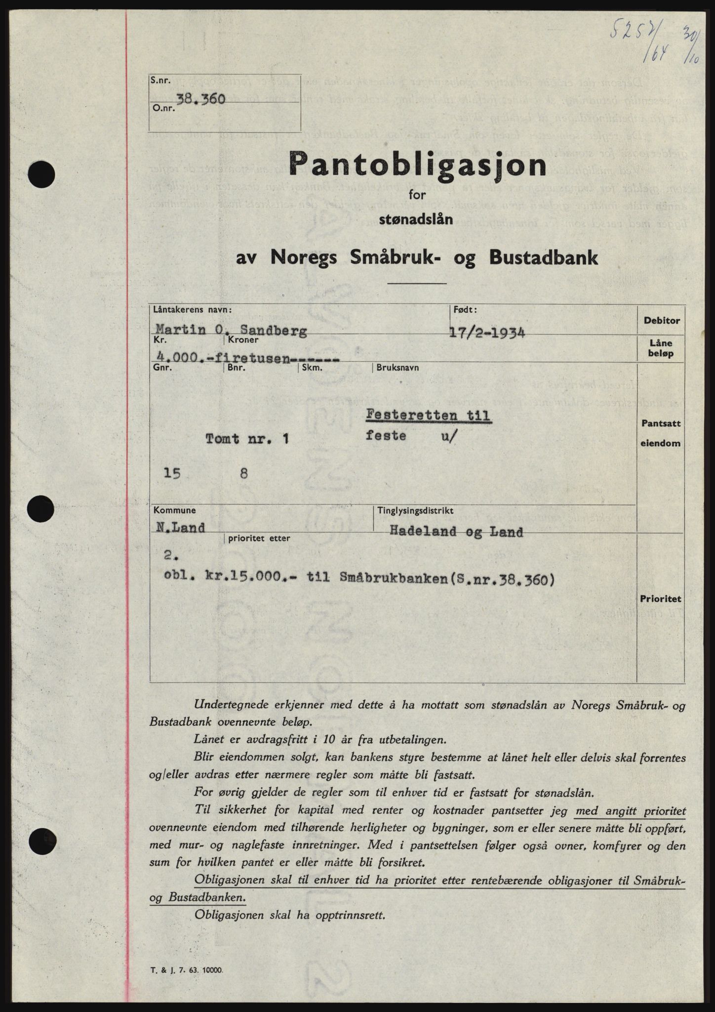 Hadeland og Land tingrett, SAH/TING-010/H/Hb/Hbc/L0056: Pantebok nr. B56, 1964-1964, Dagboknr: 5257/1964