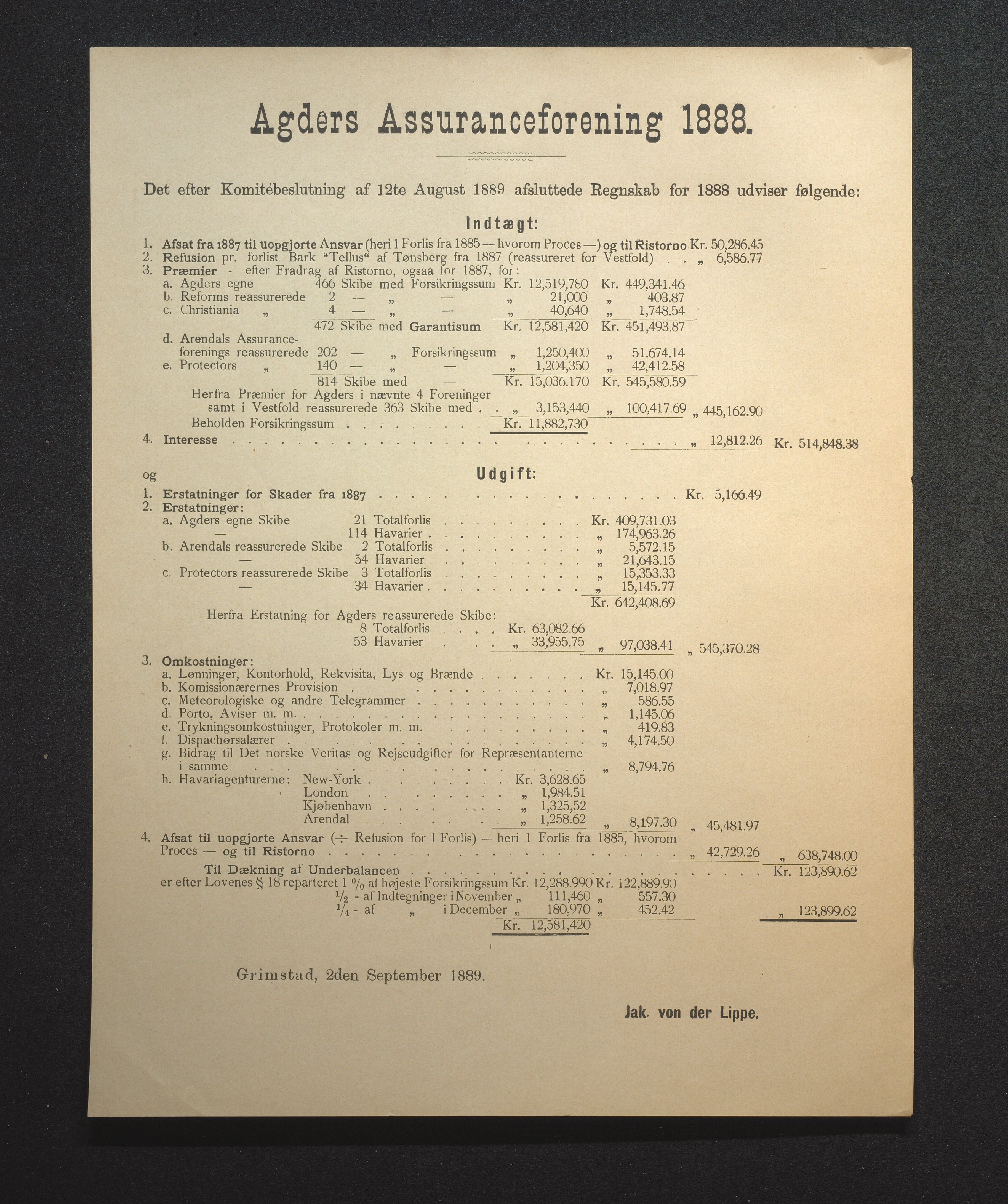 Agders Gjensidige Assuranceforening, AAKS/PA-1718/05/L0002: Regnskap, seilavdeling, pakkesak, 1881-1889