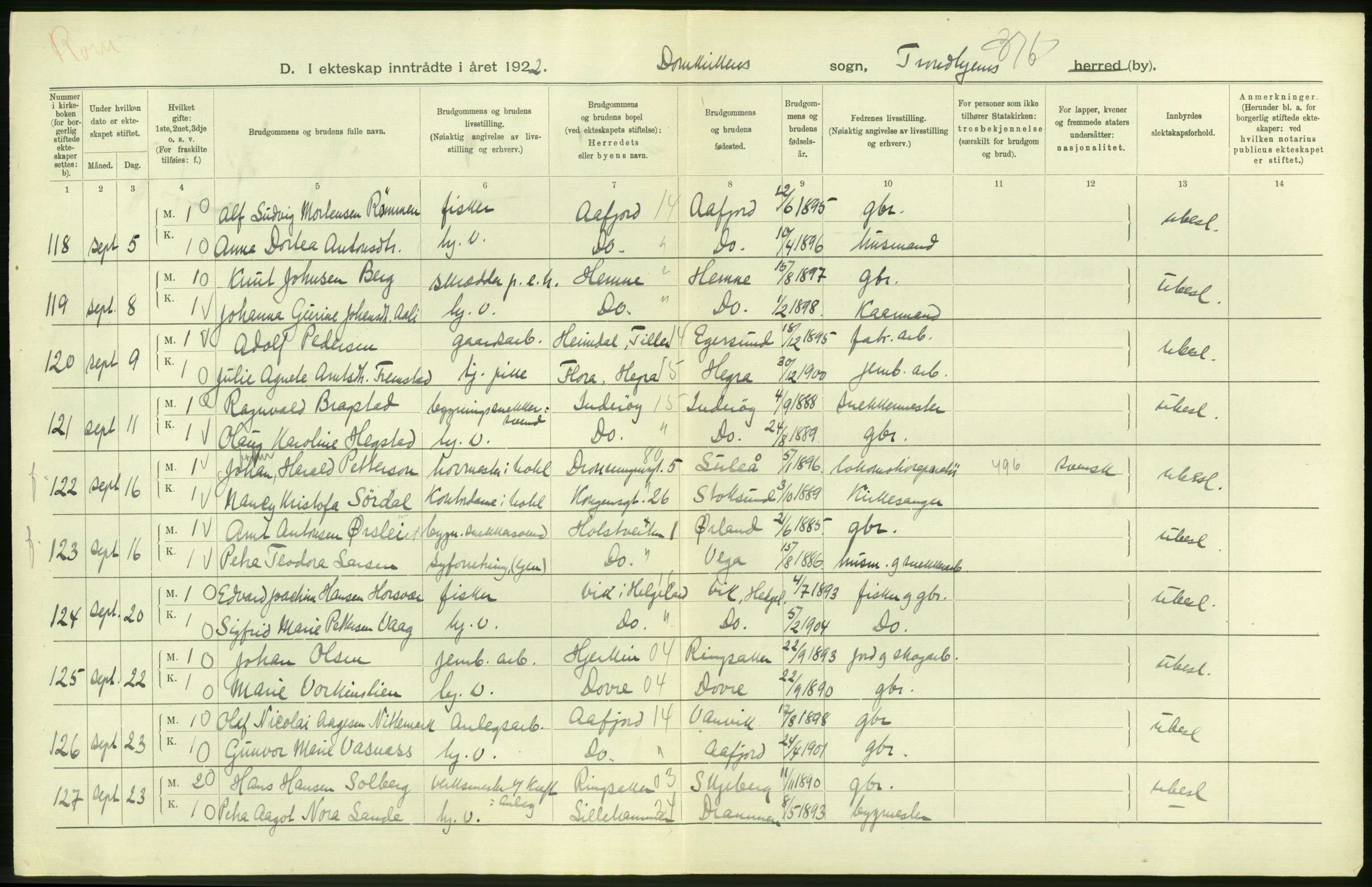 Statistisk sentralbyrå, Sosiodemografiske emner, Befolkning, AV/RA-S-2228/D/Df/Dfc/Dfcb/L0040: Trondheim: Gifte, døde, dødfødte., 1922, s. 34